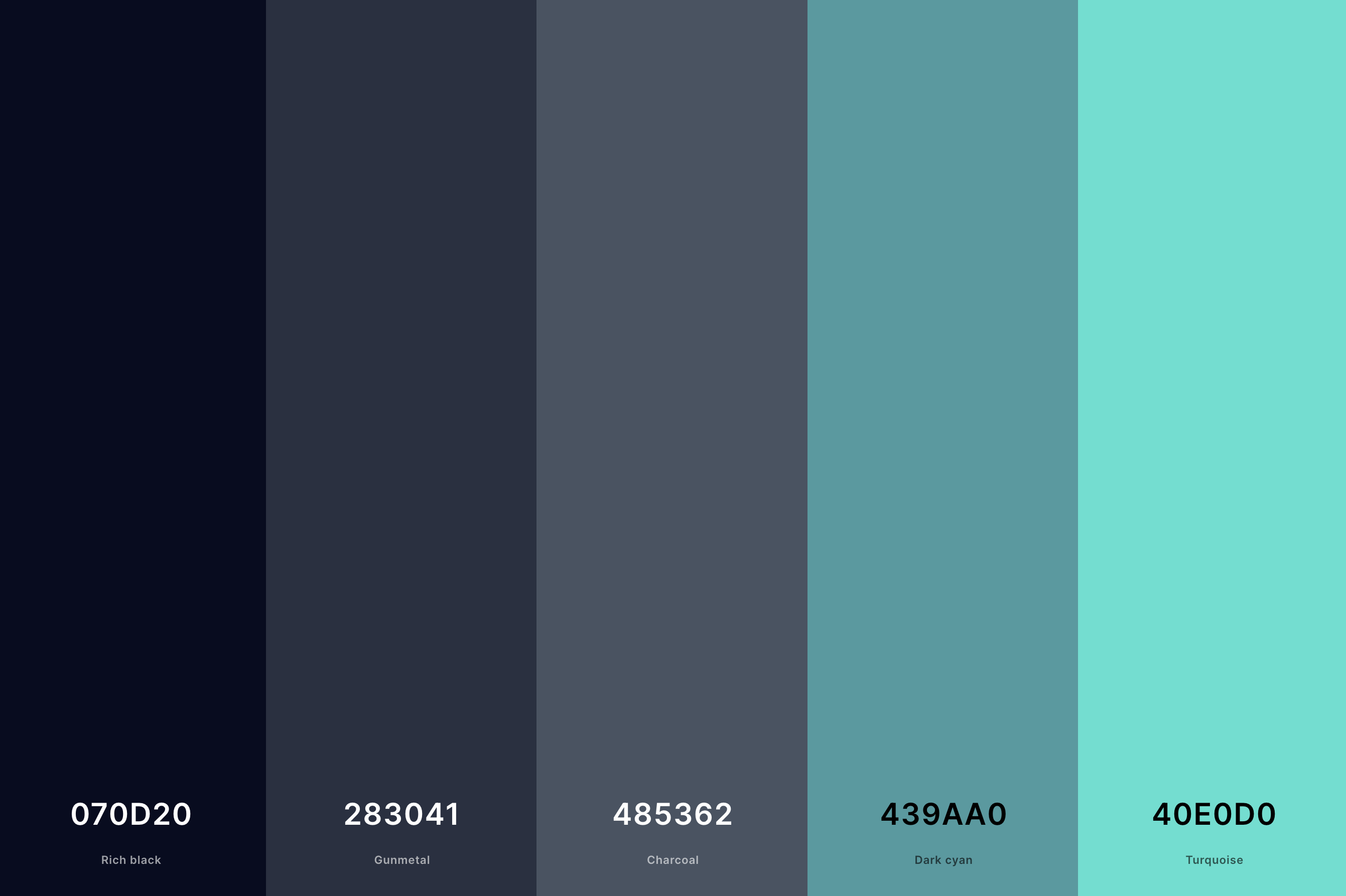 6. Black And Turquoise Color Palette Color Palette with Rich Black (Hex #070D20) + Gunmetal (Hex #283041) + Charcoal (Hex #485362) + Dark Cyan (Hex #439AA0) + Turquoise (Hex #40E0D0) Color Palette with Hex Codes