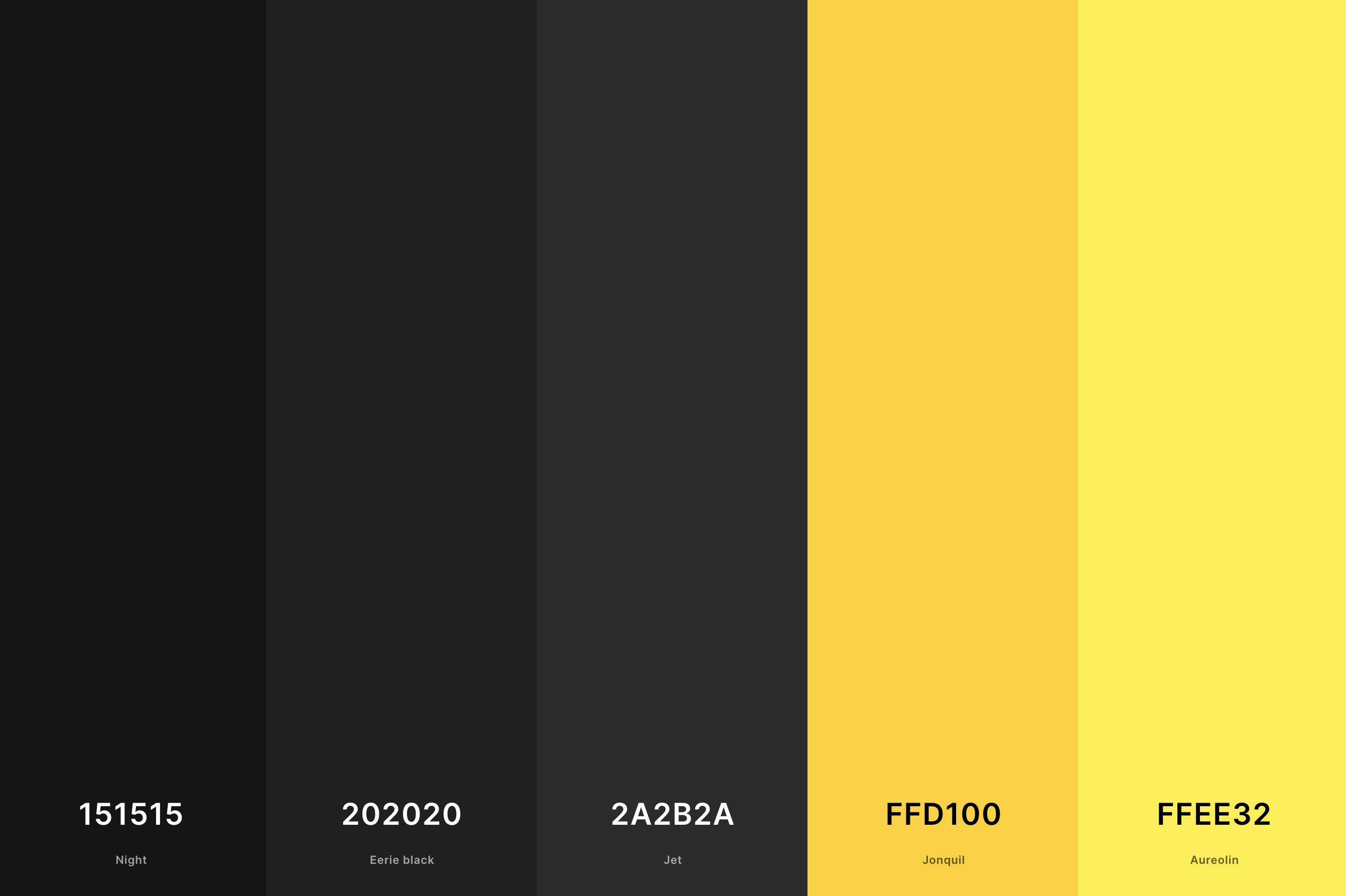 6. Black And Yellow Color Palette Color Palette with Night (Hex #151515) + Eerie Black (Hex #202020) + Jet (Hex #2A2B2A) + Jonquil (Hex #FFD100) + Aureolin (Hex #FFEE32) Color Palette with Hex Codes