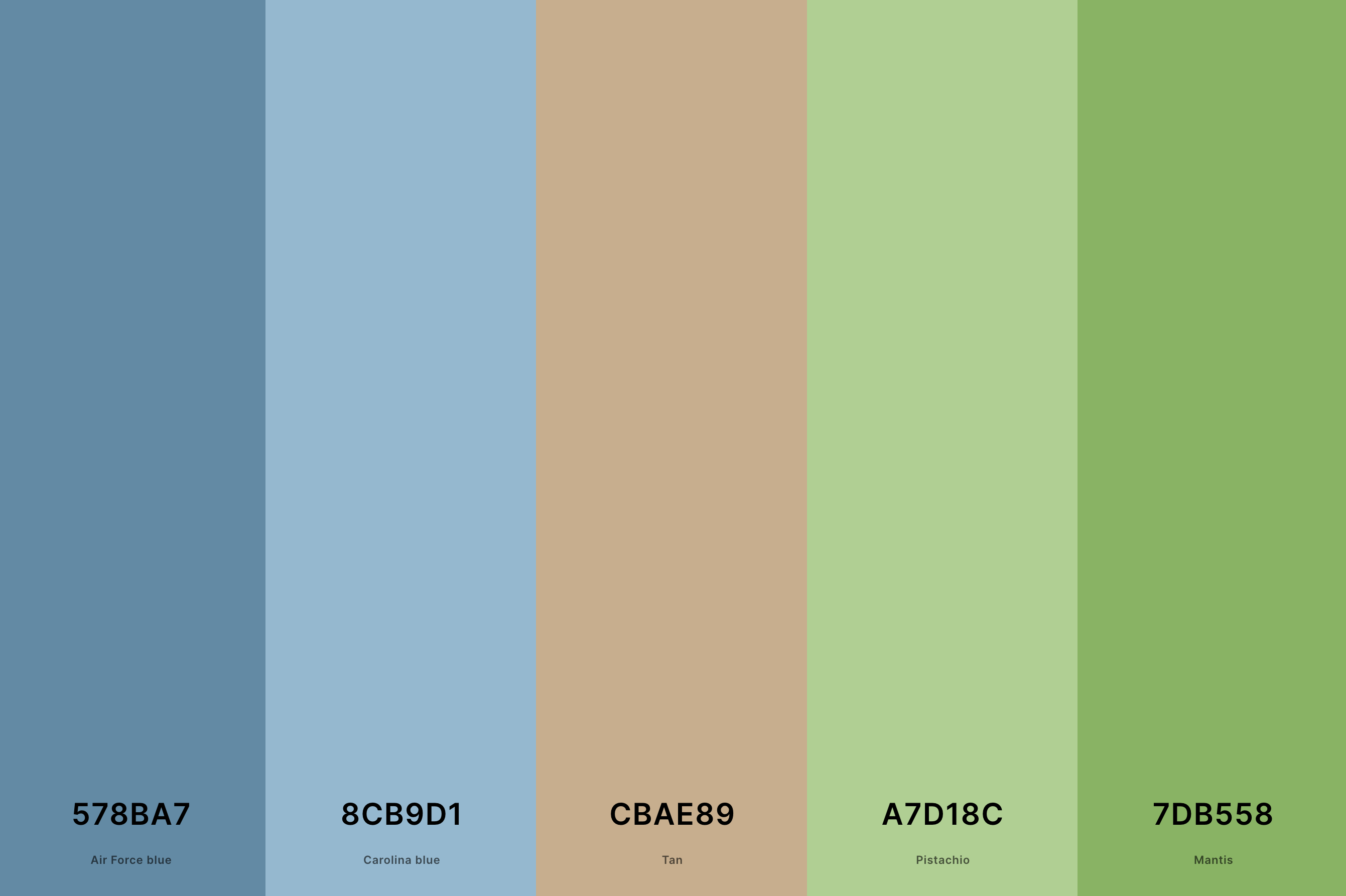6. Blue, Green And Tan Color Palette Color Palette with Air Force Blue (Hex #578BA7) + Carolina Blue (Hex #8CB9D1) + Tan (Hex #CBAE89) + Pistachio (Hex #A7D18C) + Mantis (Hex #7DB558) Color Palette with Hex Codes