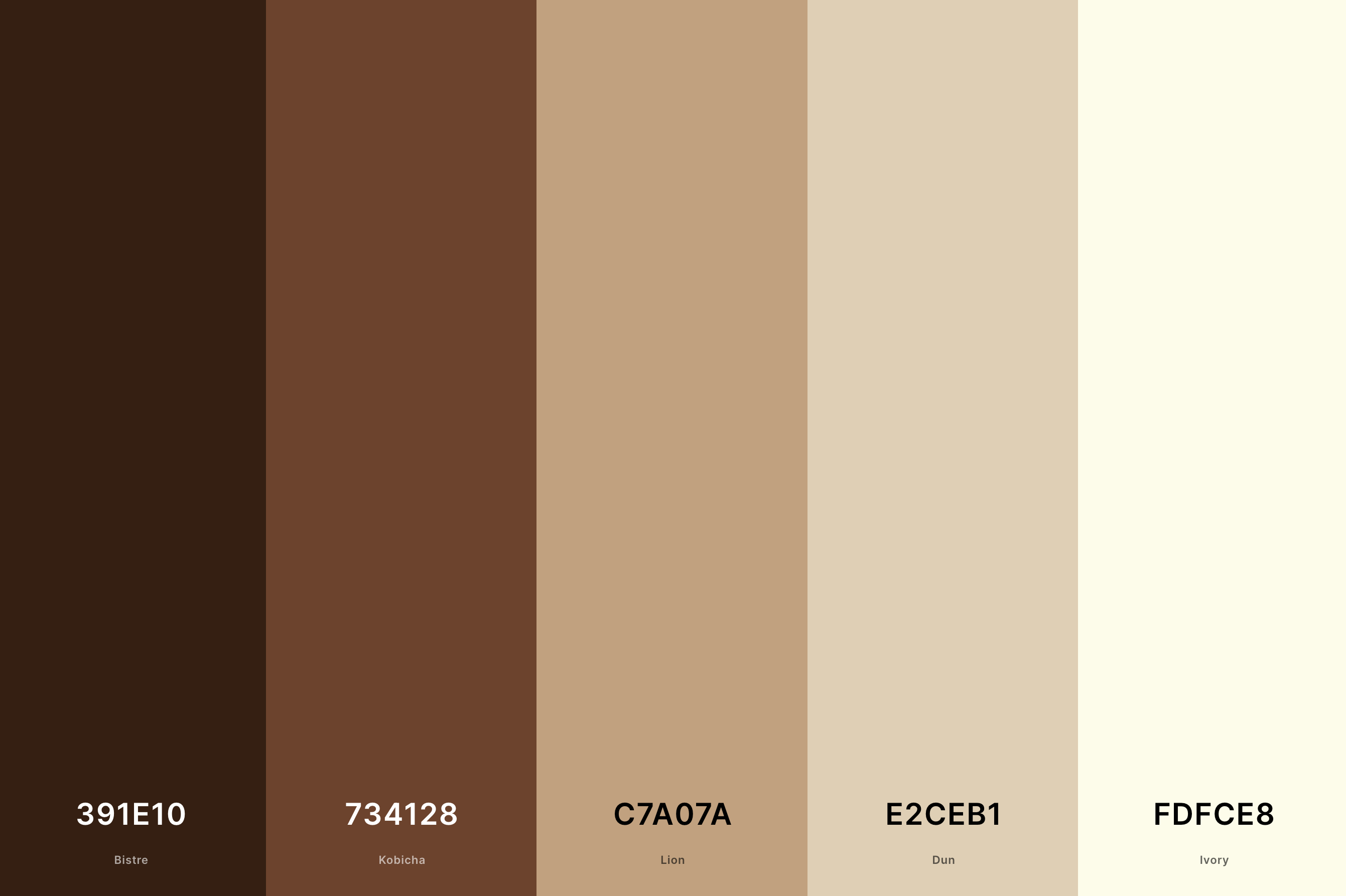 6. Brown And Cream Color Palette Color Palette with Bistre (Hex #391E10) + Kobicha (Hex #734128) + Lion (Hex #C7A07A) + Dun (Hex #E2CEB1) + Ivory (Hex #FDFCE8) Color Palette with Hex Codes