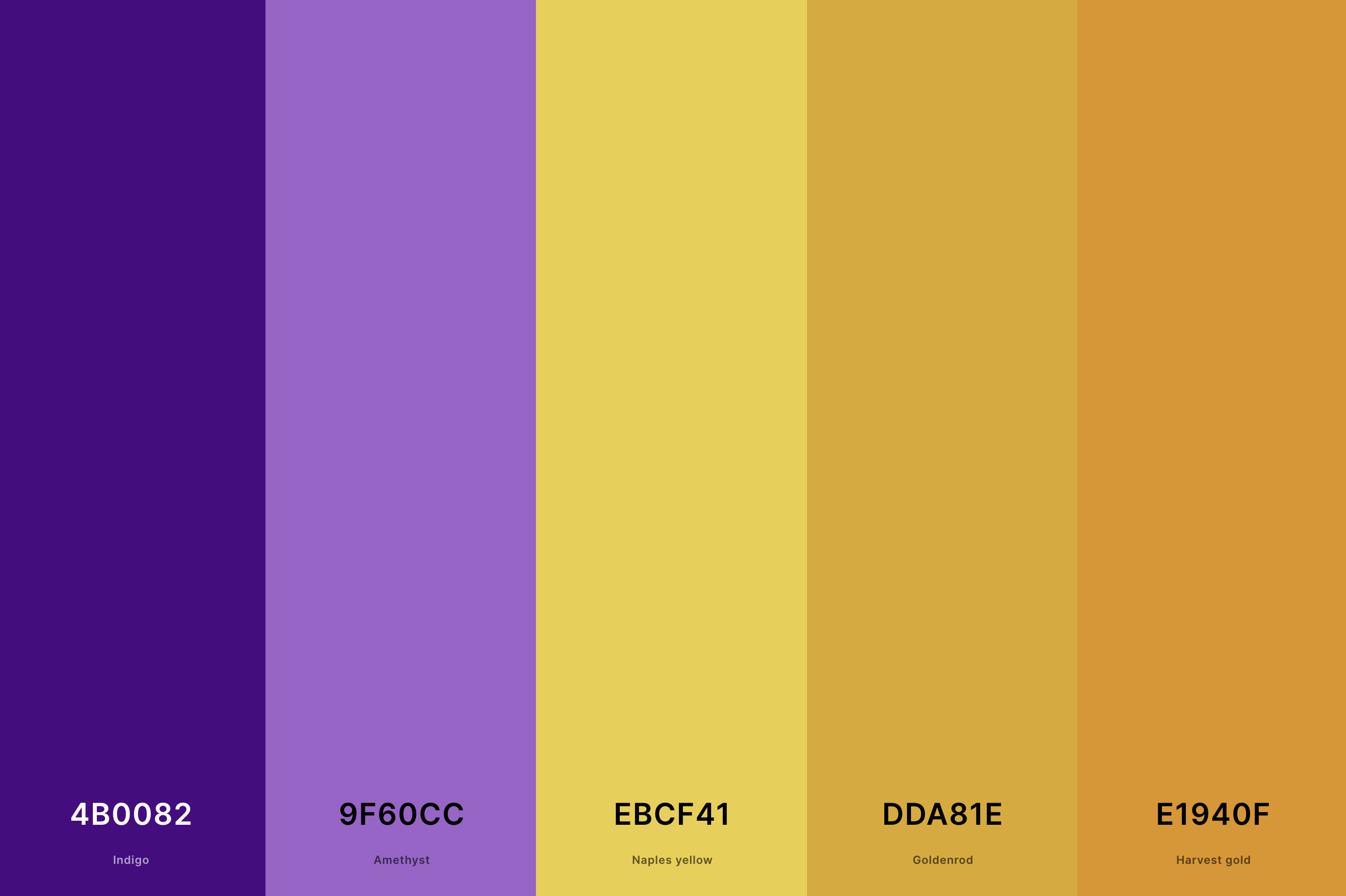6. Indigo And Gold Color Palette Color Palette with Indigo (Hex #4B0082) + Amethyst (Hex #9F60CC) + Naples Yellow (Hex #EBCF41) + Goldenrod (Hex #DDA81E) + Harvest Gold (Hex #E1940F) Color Palette with Hex Codes