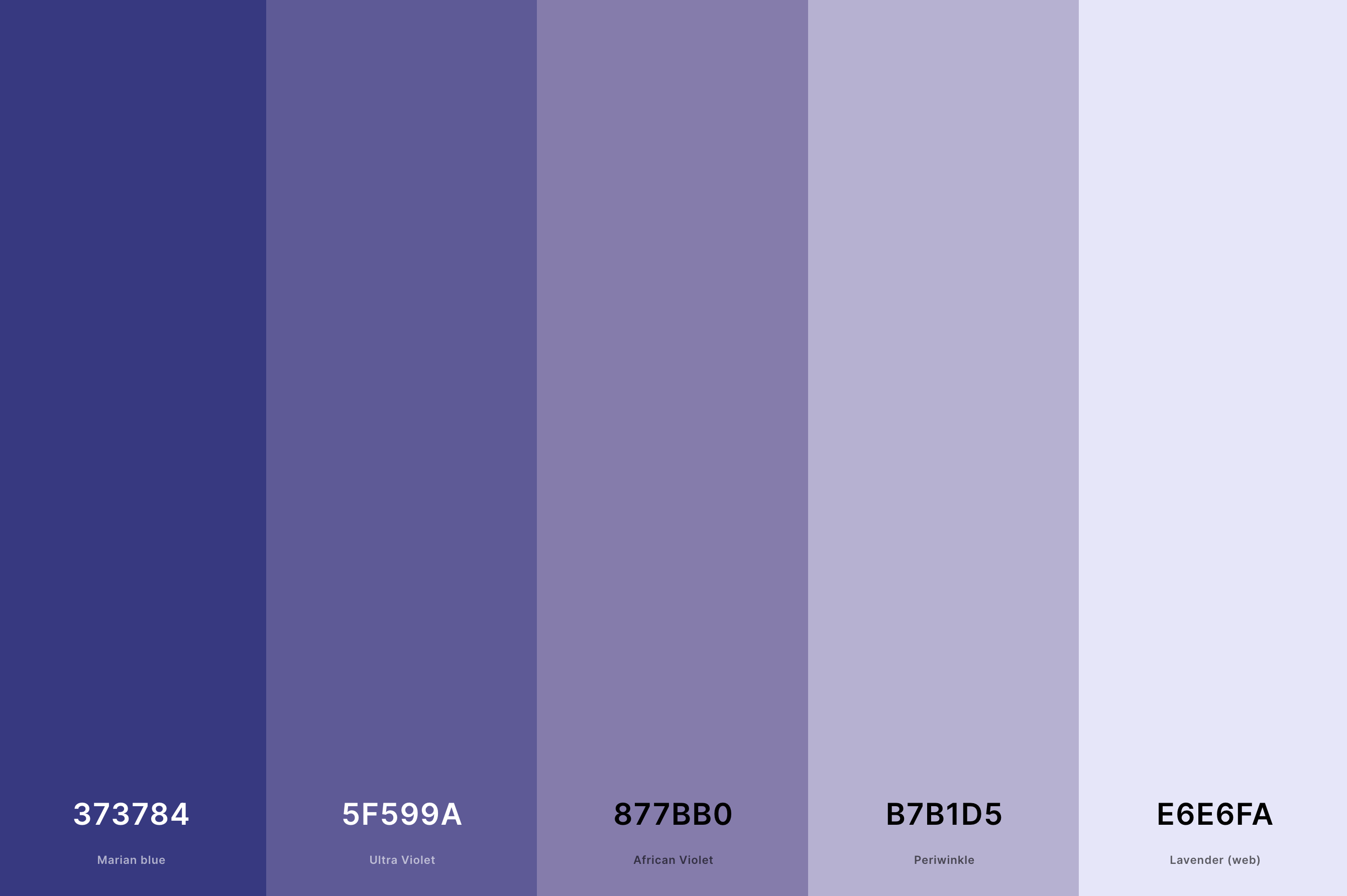 6. Lavender And Blue Color Palette Color Palette with Marian Blue (Hex #373784) + Ultra Violet (Hex #5F599A) + African Violet (Hex #877BB0) + Periwinkle (Hex #B7B1D5) + Lavender (Web) (Hex #E6E6FA) Color Palette with Hex Codes