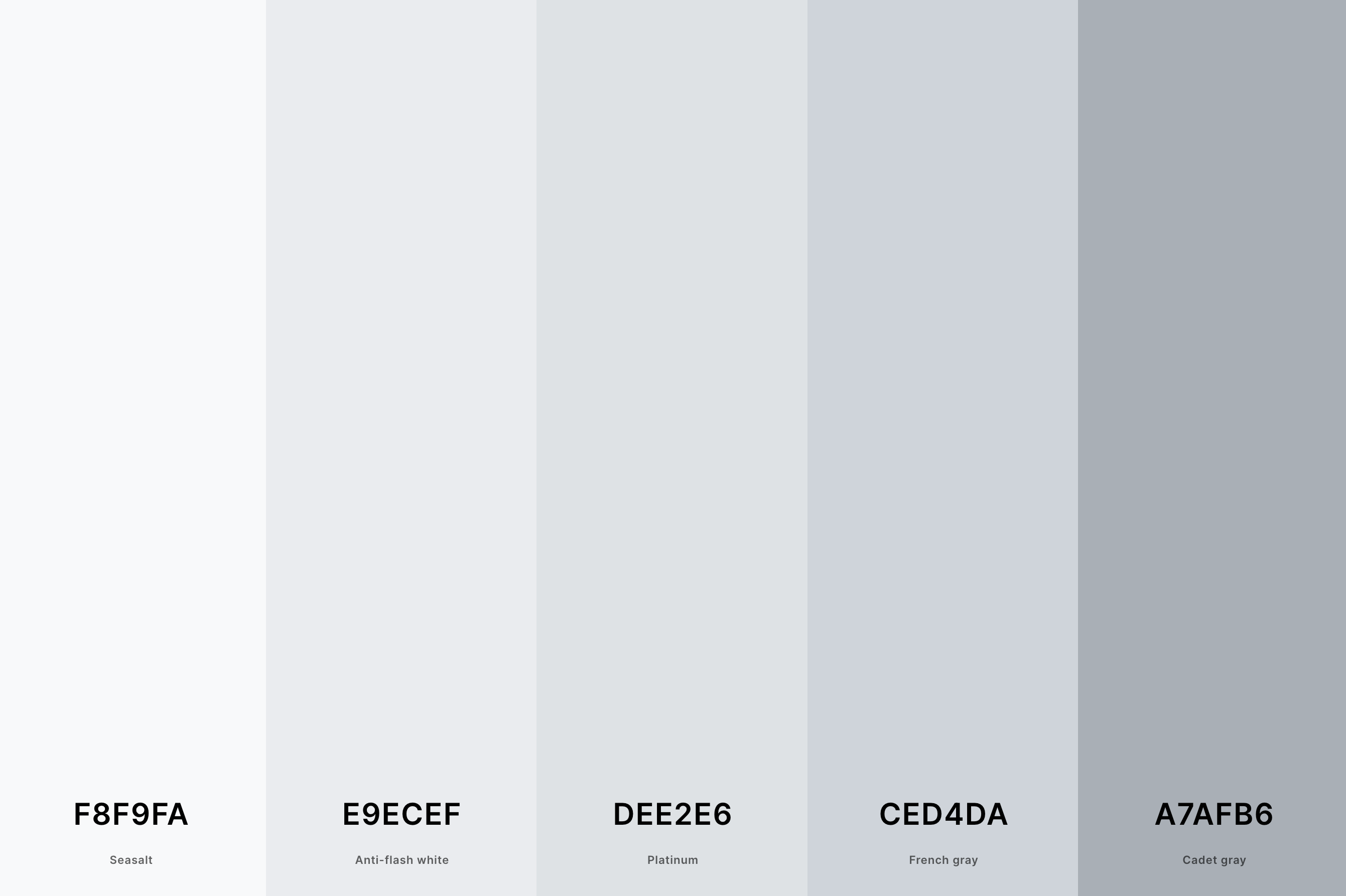6. Light Gray Color Palette Color Palette with Seasalt (Hex #F8F9FA) + Anti-Flash White (Hex #E9ECEF) + Platinum (Hex #DEE2E6) + French Gray (Hex #CED4DA) + Cadet Gray (Hex #A7AFB6) Color Palette with Hex Codes