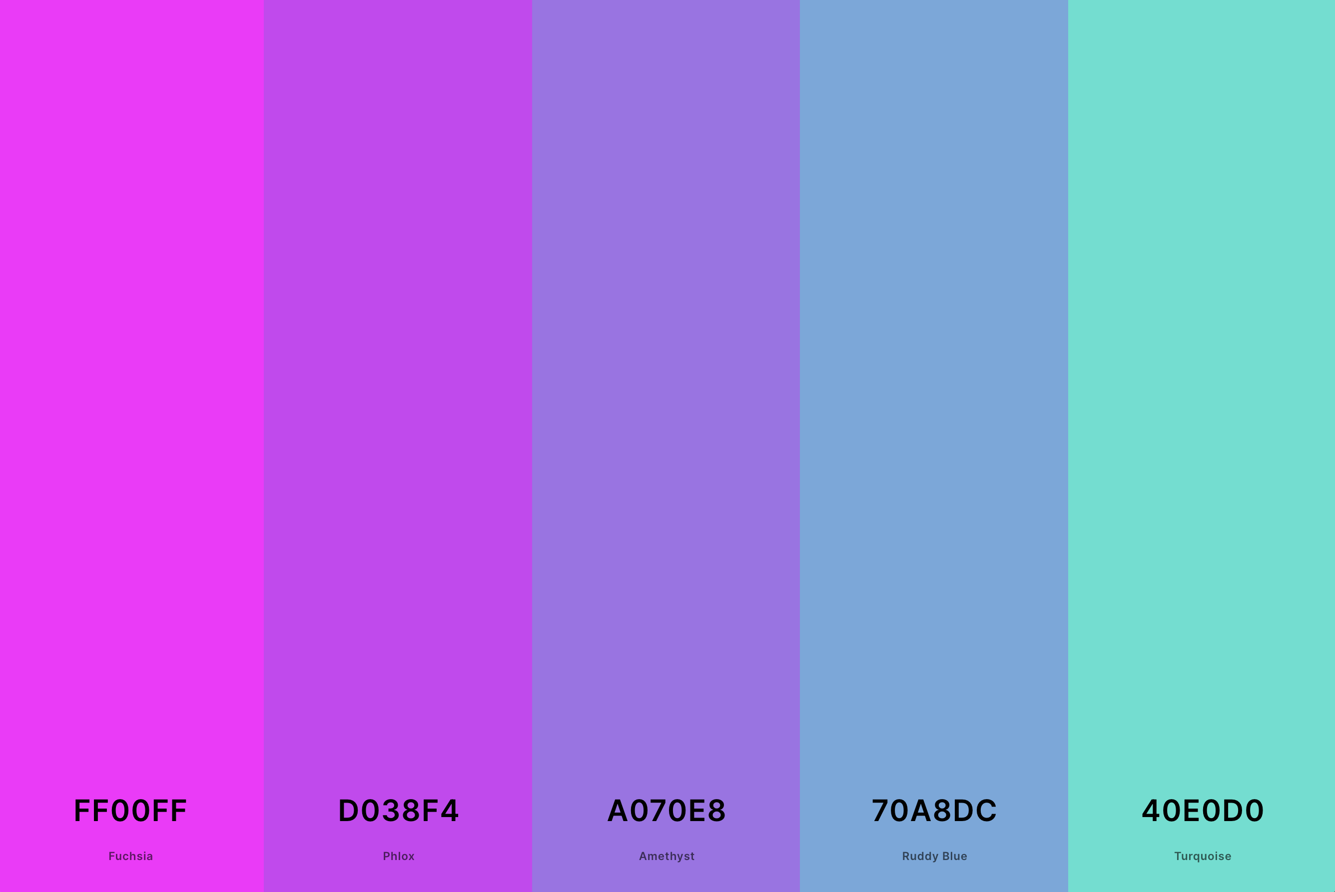 6. Magenta And Turquoise Color Palette Color Palette with Magenta (Hex #FF00FF) + Phlox (Hex #D038F4) + Amethyst (Hex #A070E8) + Ruddy Blue (Hex #70A8DC) + Turquoise (Hex #40E0D0) Color Palette with Hex Codes