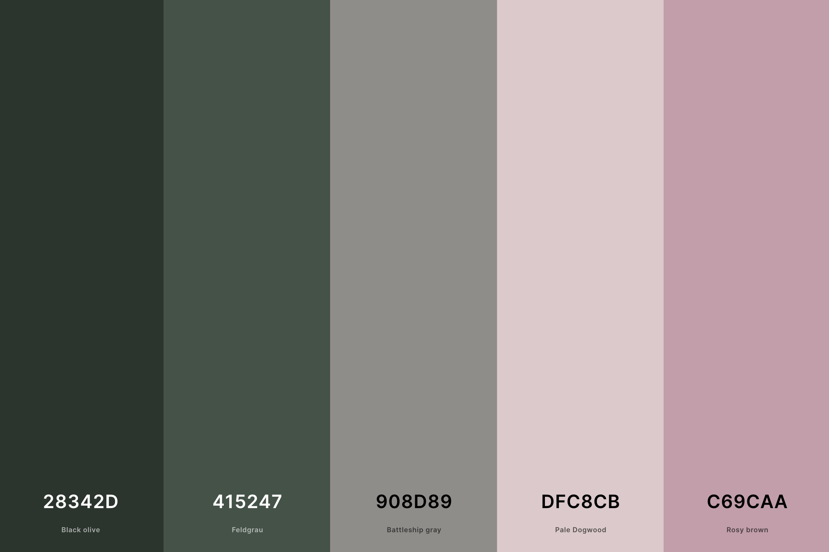 6. Mauve Green Color Palette Color Palette with Black Olive (Hex #28342D) + Feldgrau (Hex #415247) + Battleship Gray (Hex #908D89) + Pale Dogwood (Hex #DFC8CB) + Rosy Brown (Hex #C69CAA) Color Palette with Hex Codes