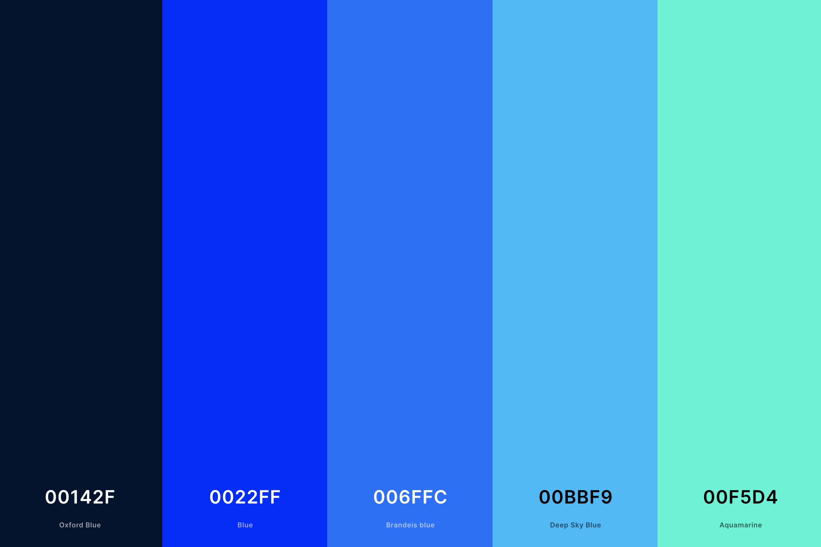 6. Neon Blue Color Palette Color Palette with Oxford Blue (Hex #00142F) + Blue (Hex #0022FF) + Brandeis Blue (Hex #006FFC) + Deep Sky Blue (Hex #00BBF9) + Aquamarine (Hex #00F5D4) Color Palette with Hex Codes