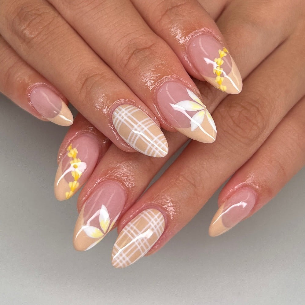 6. Nude Peach with Floral Plaid Accent (Cute Nail Ideas)