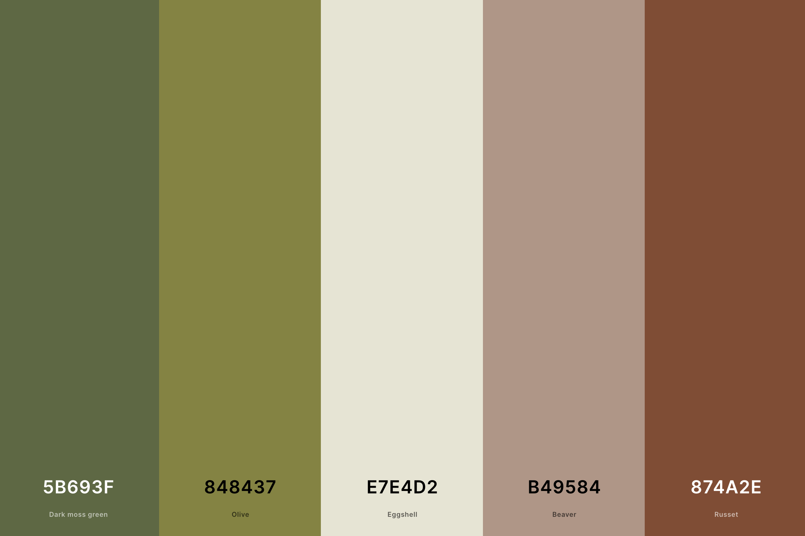 6. Olive And Terracotta Color Palette Color Palette with Dark Moss Green (Hex #5B693F) + Olive (Hex #848437) + Eggshell (Hex #E7E4D2) + Beaver (Hex #B49584) + Russet (Hex #874A2E) Color Palette with Hex Codes