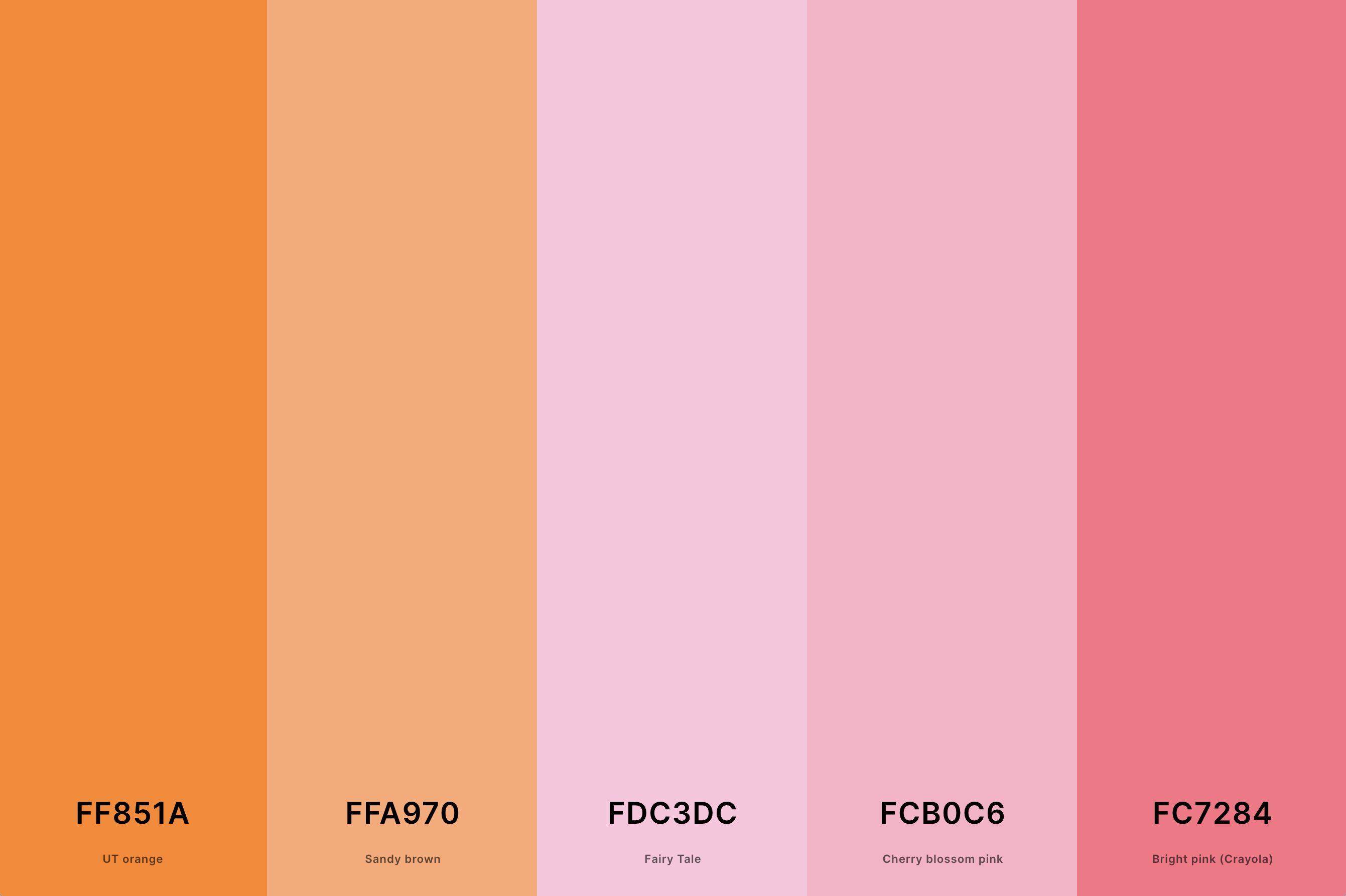 6. Orange And Pink Color Palette Color Palette with Ut Orange (Hex #FF851A) + Sandy Brown (Hex #FFA970) + Fairy Tale (Hex #FDC3DC) + Cherry Blossom Pink (Hex #FCB0C6) + Bright Pink (Crayola) (Hex #FC7284) Color Palette with Hex Codes