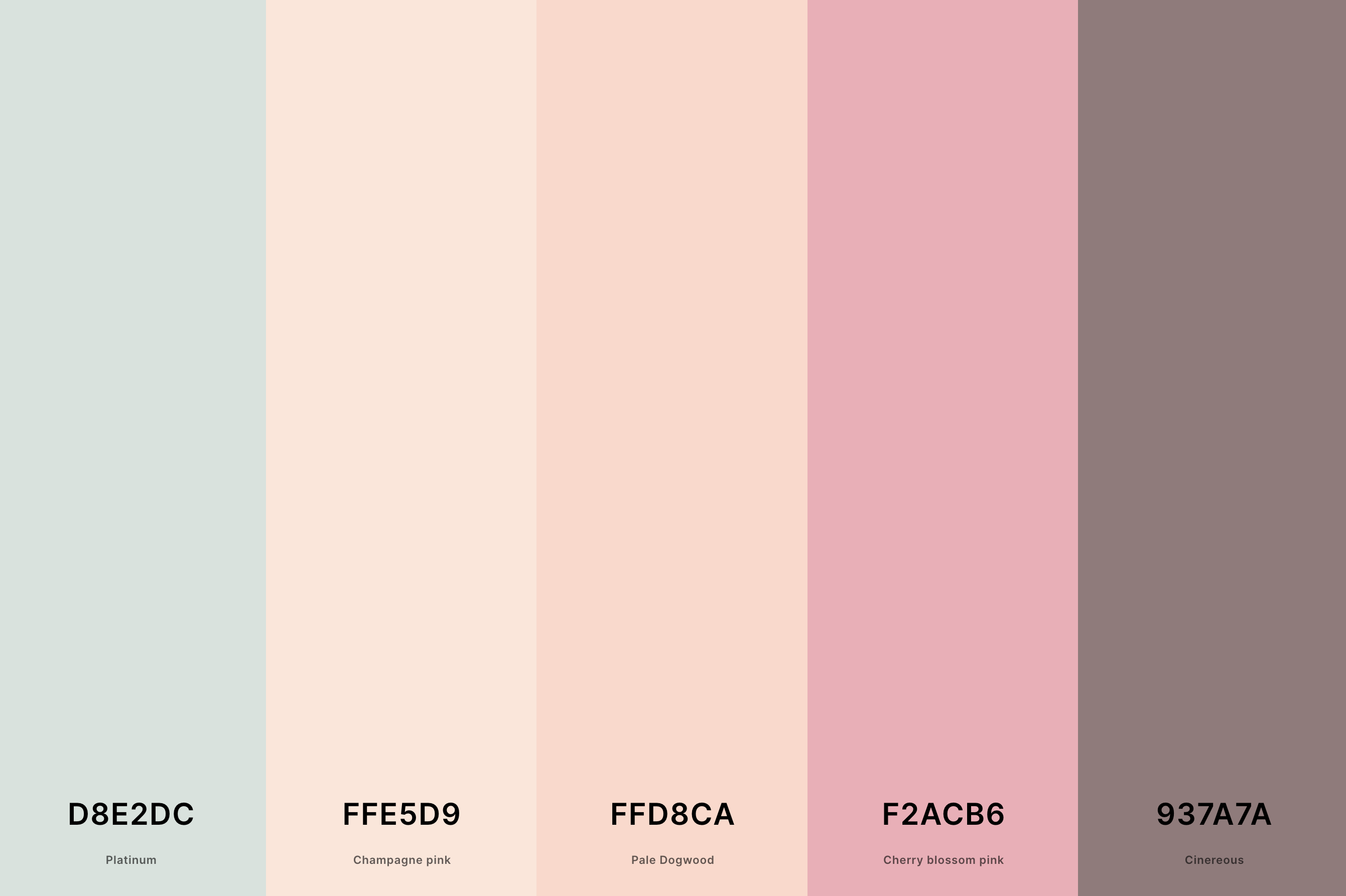 6. Pastel Coral Color Palette Color Palette with Platinum (Hex #D8E2DC) + Champagne Pink (Hex #FFE5D9) + Pale Dogwood (Hex #FFD8CA) + Cherry Blossom Pink (Hex #F2ACB6) + Cinereous (Hex #937A7A) Color Palette with Hex Codes