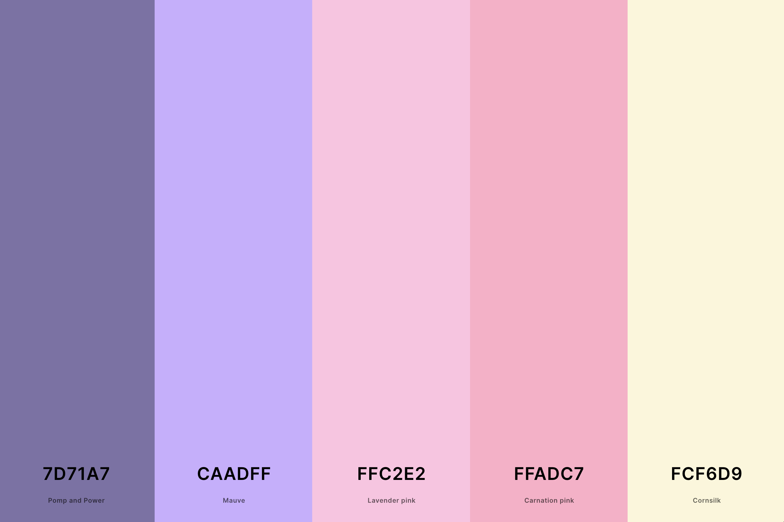 6. Pastel Purple Color Palette Color Palette with Pomp And Power (Hex #7D71A7) + Mauve (Hex #CAADFF) + Lavender Pink (Hex #FFC2E2) + Carnation Pink (Hex #FFADC7) + Cornsilk (Hex #FCF6D9) Color Palette with Hex Codes
