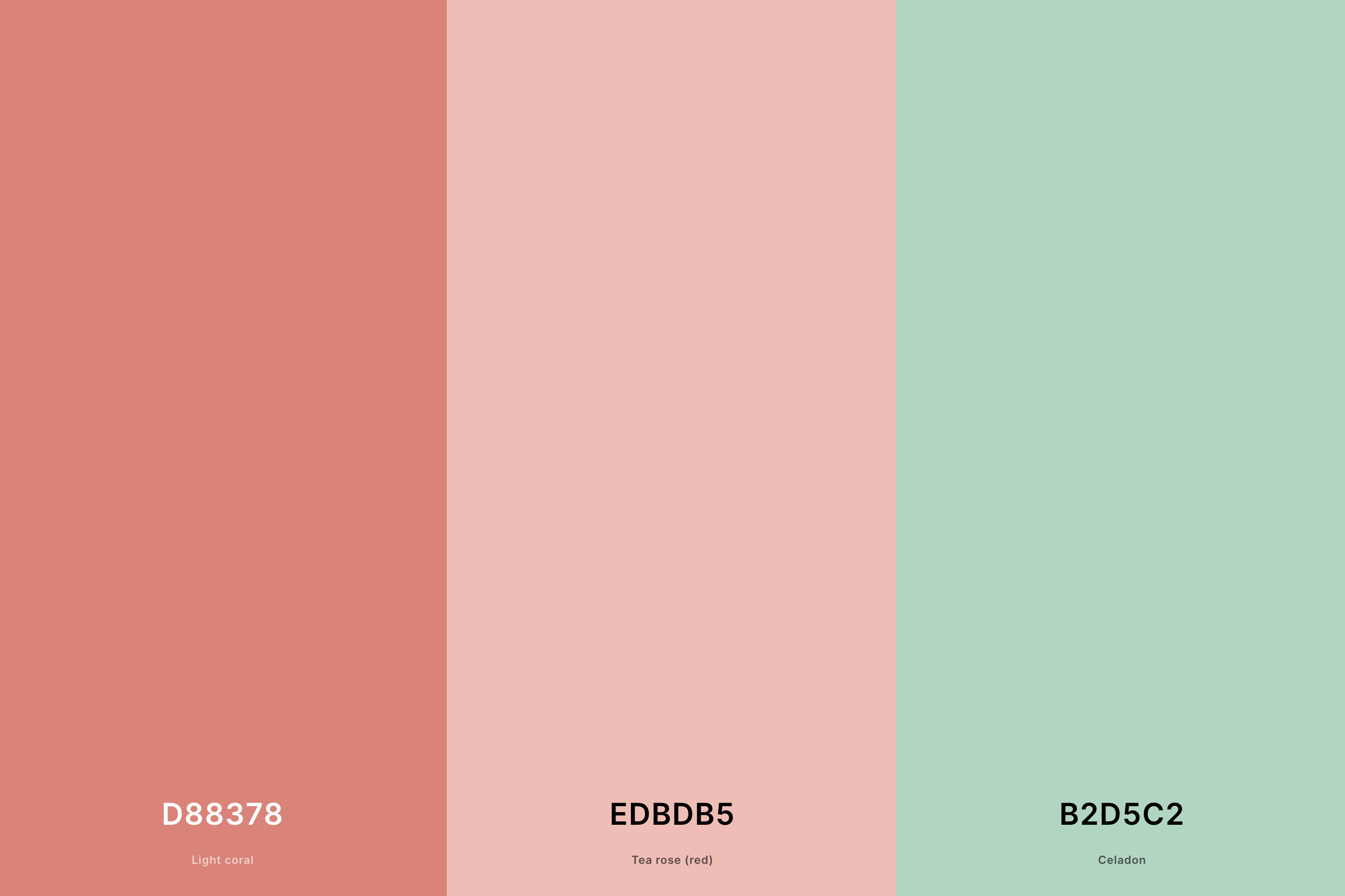 6. Pink and Mint Green Palette Color Palette with Light Coral (Hex #D88378) + Tea Rose (Red) (Hex #EDBDB5) + Celadon (Hex #B2D5C2) with Hex Codes