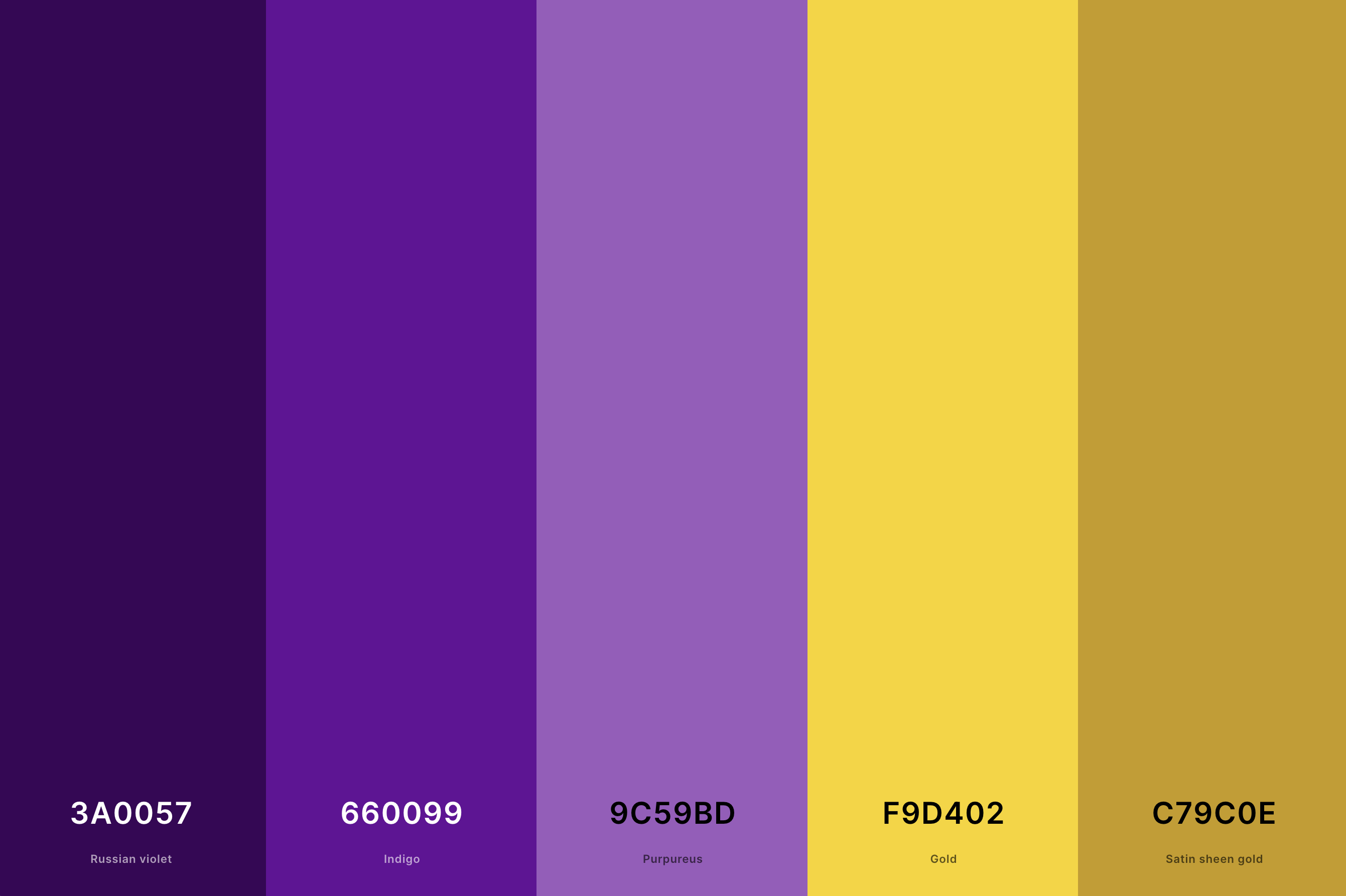 6. Purple And Gold Color Palette Color Palette with Russian Violet (Hex #3A0057) + Indigo (Hex #660099) + Purpureus (Hex #9C59BD) + Gold (Hex #F9D402) + Satin Sheen Gold (Hex #C79C0E) Color Palette with Hex Codes