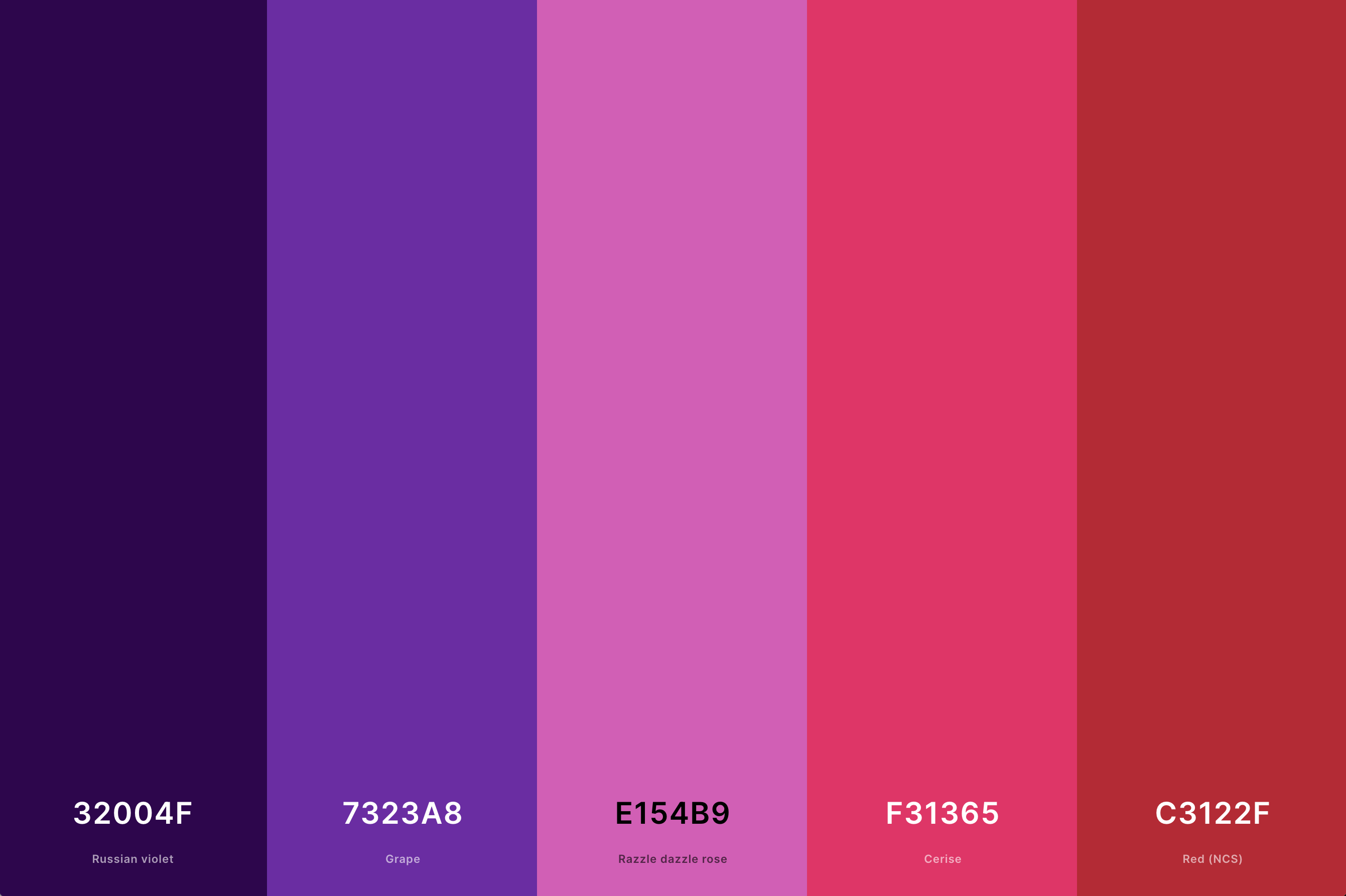 6. Red And Purple Color Palette Color Palette with Russian Violet (Hex #32004F) + Grape (Hex #7323A8) + Razzle Dazzle Rose (Hex #E154B9) + Cerise (Hex #F31365) + Red (Ncs) (Hex #C3122F) Color Palette with Hex Codes