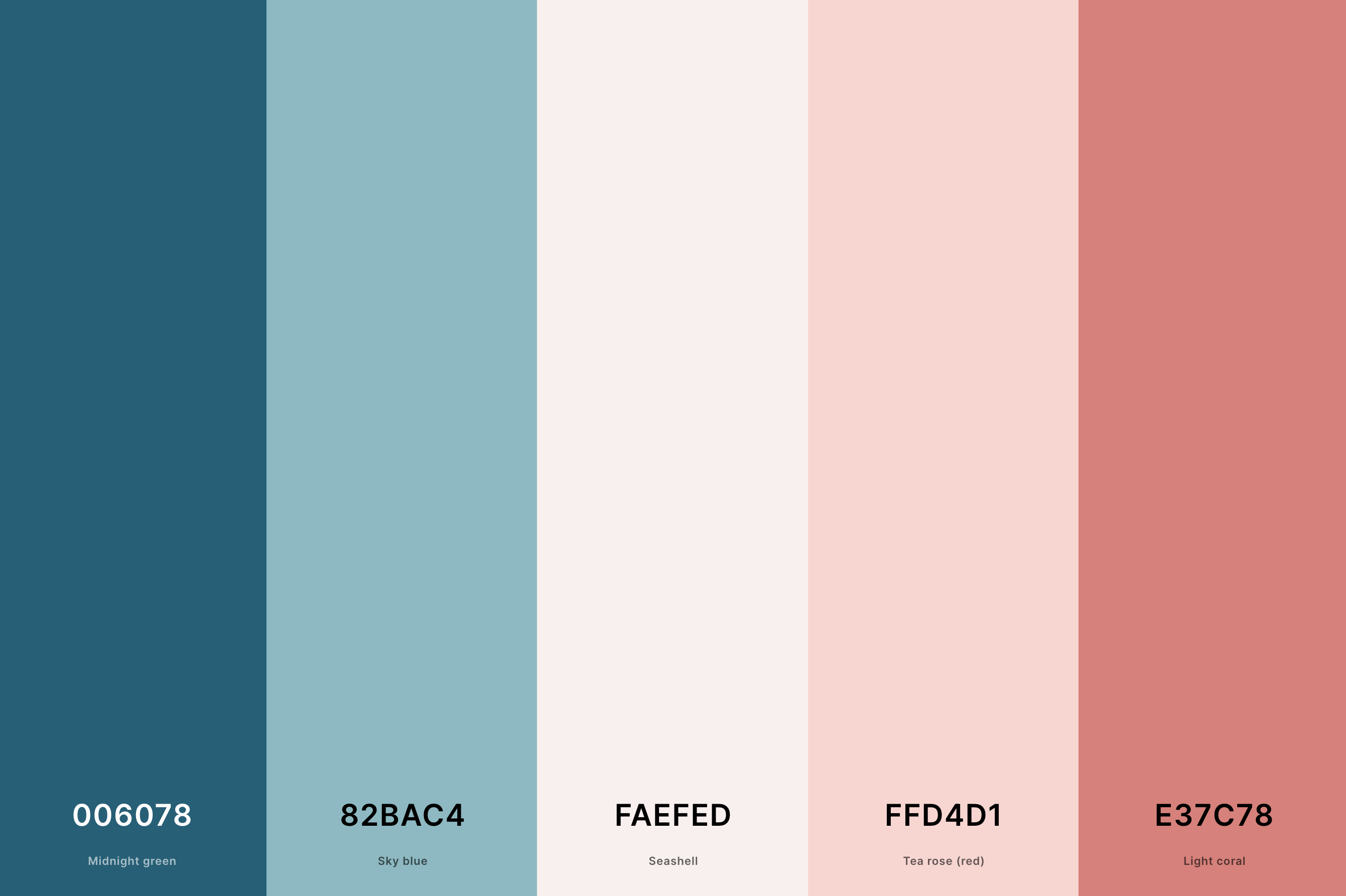 6. Summer Aesthetic Color Palette Color Palette with Midnight Green (Hex #006078) + Sky Blue (Hex #82BAC4) + Seashell (Hex #FAEFED) + Tea Rose (Red) (Hex #FFD4D1) + Light Coral (Hex #E37C78) Color Palette with Hex Codes