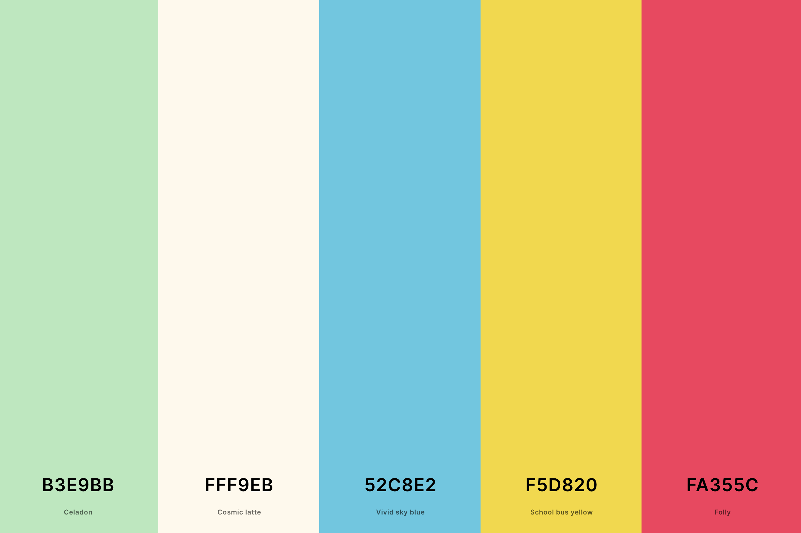 6. Summer Retro Color Palette Color Palette with Celadon (Hex #B3E9BB) + Cosmic Latte (Hex #FFF9EB) + Vivid Sky Blue (Hex #52C8E2) + School Bus Yellow (Hex #F5D820) + Folly (Hex #FA355C) Color Palette with Hex Codes