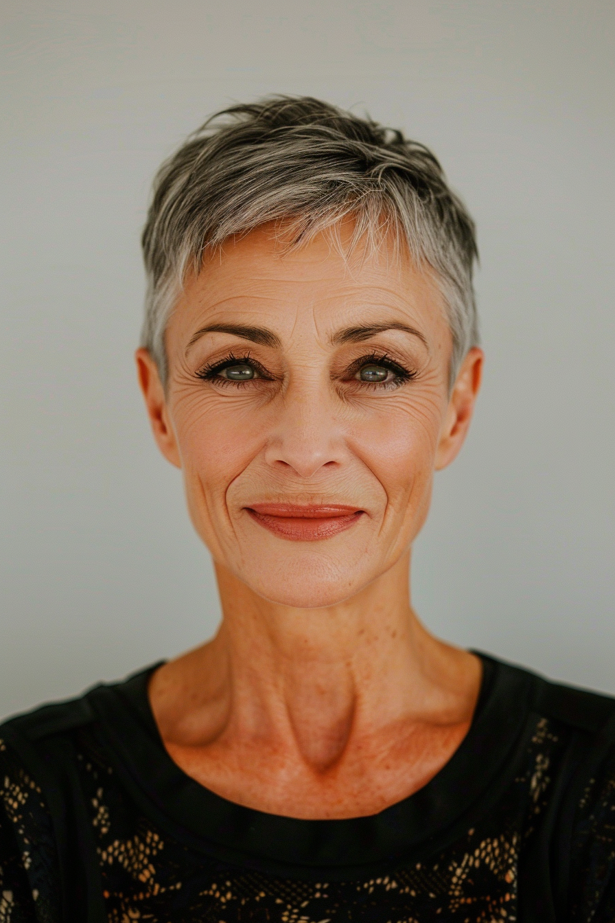 6. Super Short Pixie with Salt-and-Pepper Tones - Short Hairstyles For Women Over 60 With Fine Hair