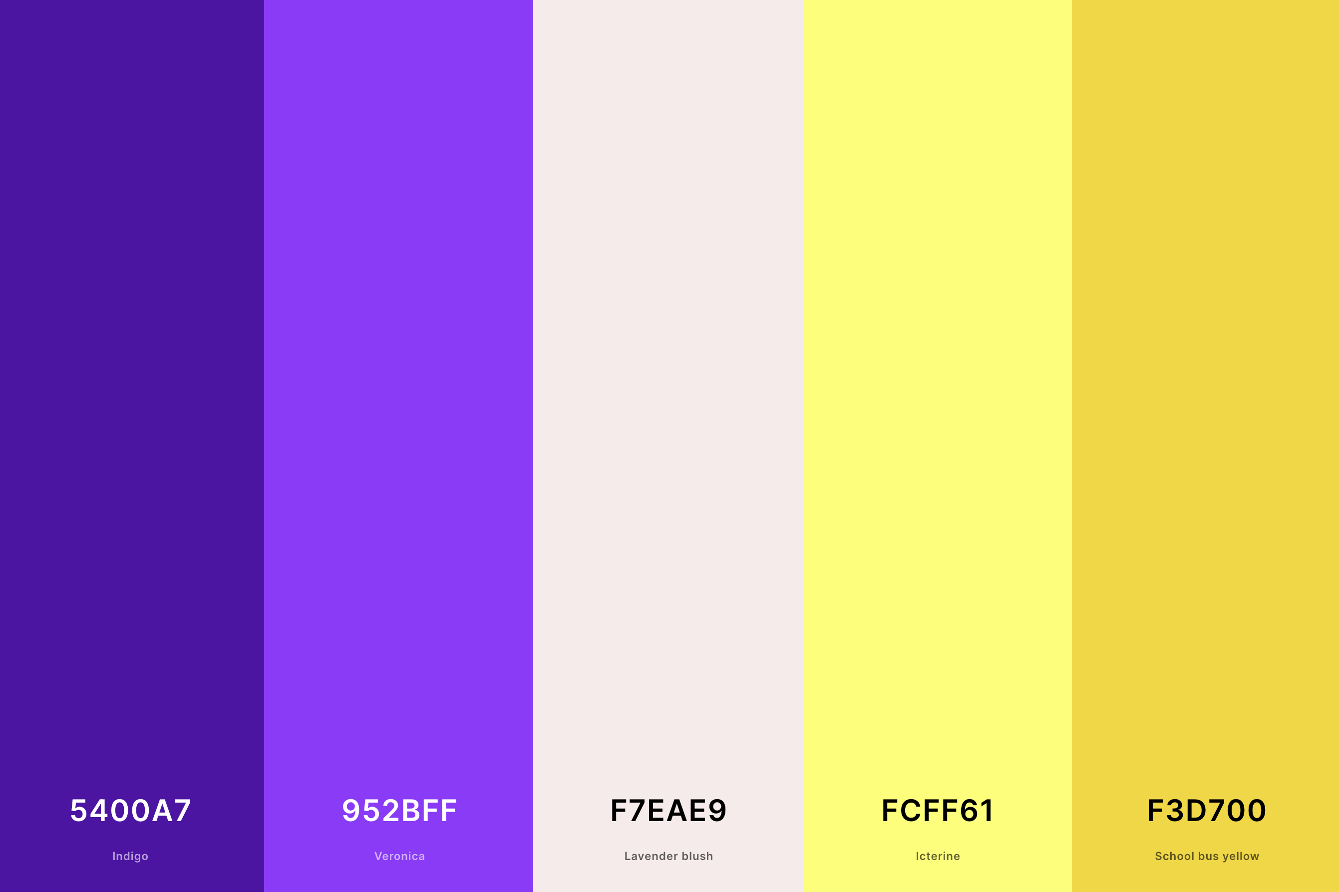 6. Violet And Yellow Color Palette Color Palette with Indigo (Hex #5400A7) + Veronica (Hex #952BFF) + Lavender Blush (Hex #F7EAE9) + Icterine (Hex #FCFF61) + School Bus Yellow (Hex #F3D700) Color Palette with Hex Codes