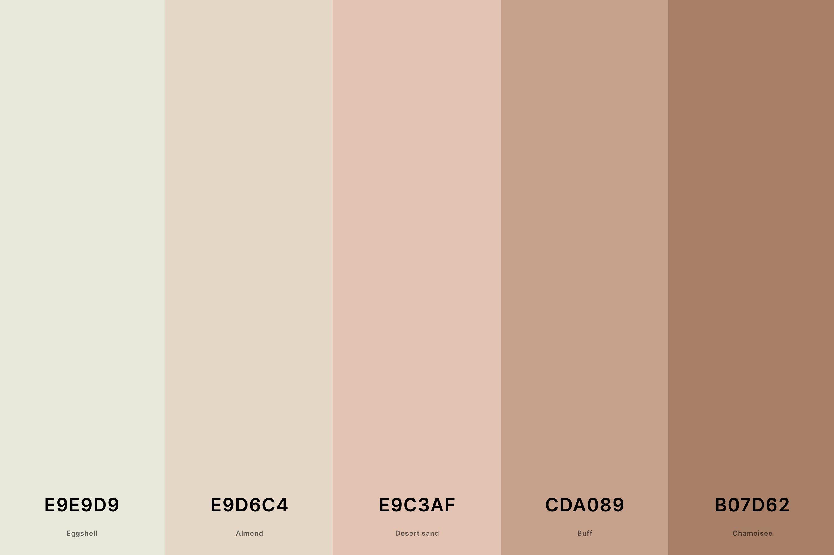 7. Beige Neutral Color Palette Color Palette with Eggshell (Hex #E9E9D9) + Almond (Hex #E9D6C4) + Desert Sand (Hex #E9C3AF) + Buff (Hex #CDA089) + Chamoisee (Hex #B07D62) Color Palette with Hex Codes