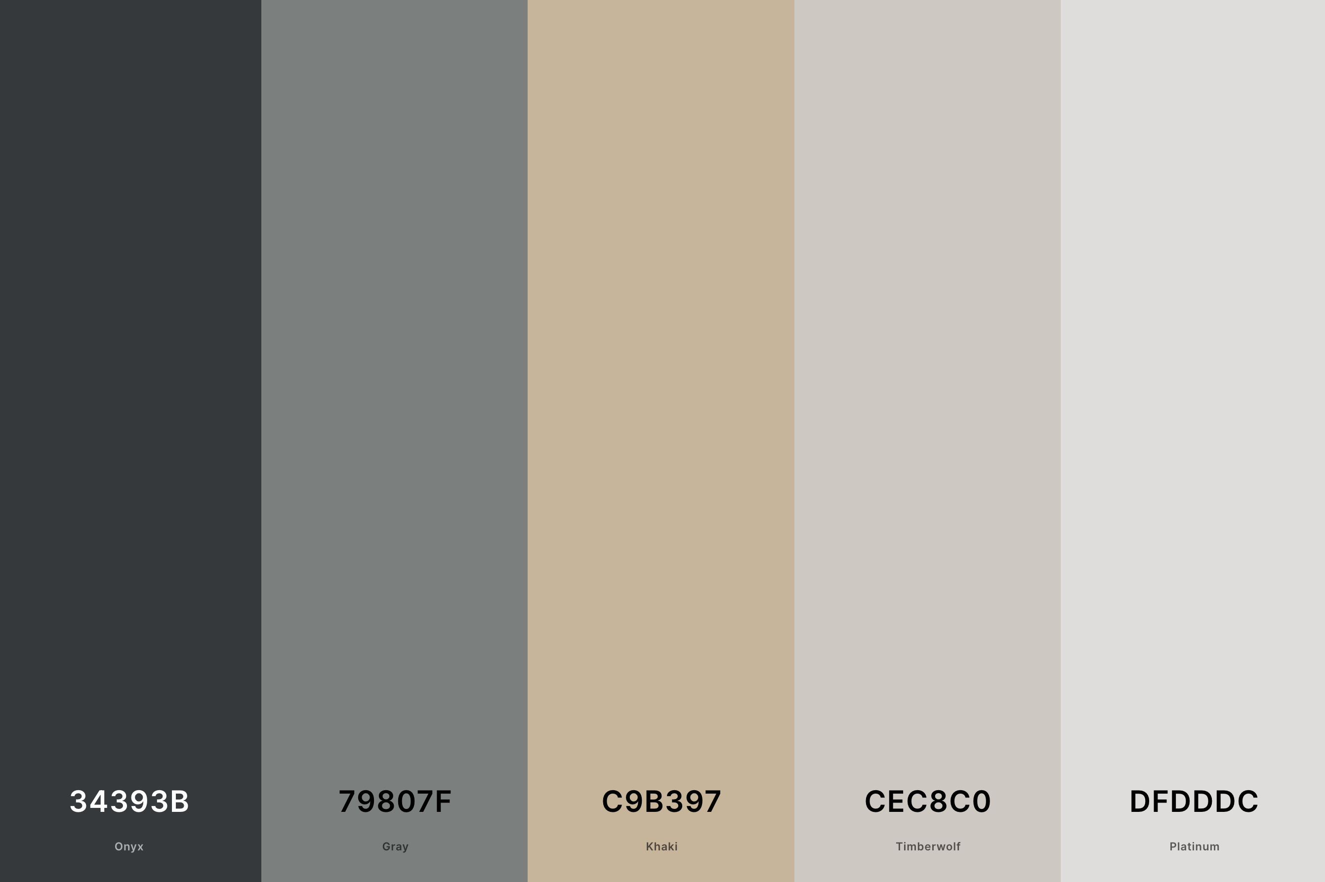 7. Blue, Grey Tan Color Palette Color Palette with Onyx (Hex #34393B) + Gray (Hex #79807F) + Khaki (Hex #C9B397) + Timberwolf (Hex #CEC8C0) + Platinum (Hex #DFDDDC) Color Palette with Hex Codes