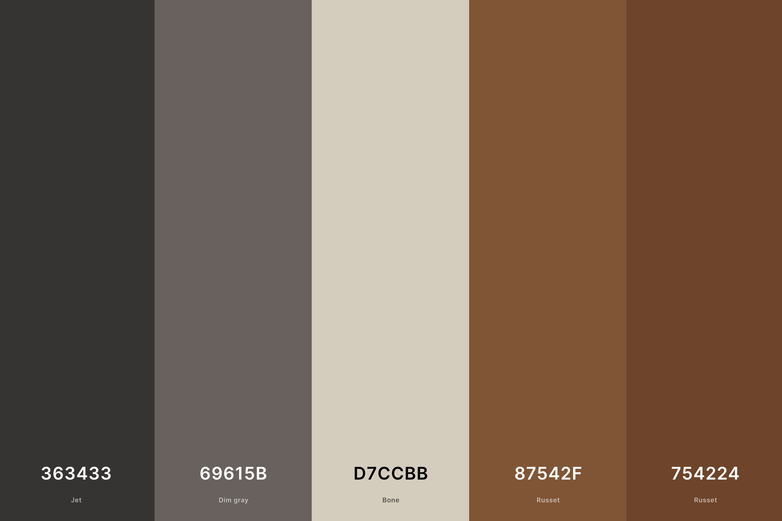 7. Brown And Gray Color Palette Color Palette with Jet (Hex #363433) + Dim Gray (Hex #69615B) + Bone (Hex #D7CCBB) + Russet (Hex #87542F) + Russet (Hex #754224) Color Palette with Hex Codes