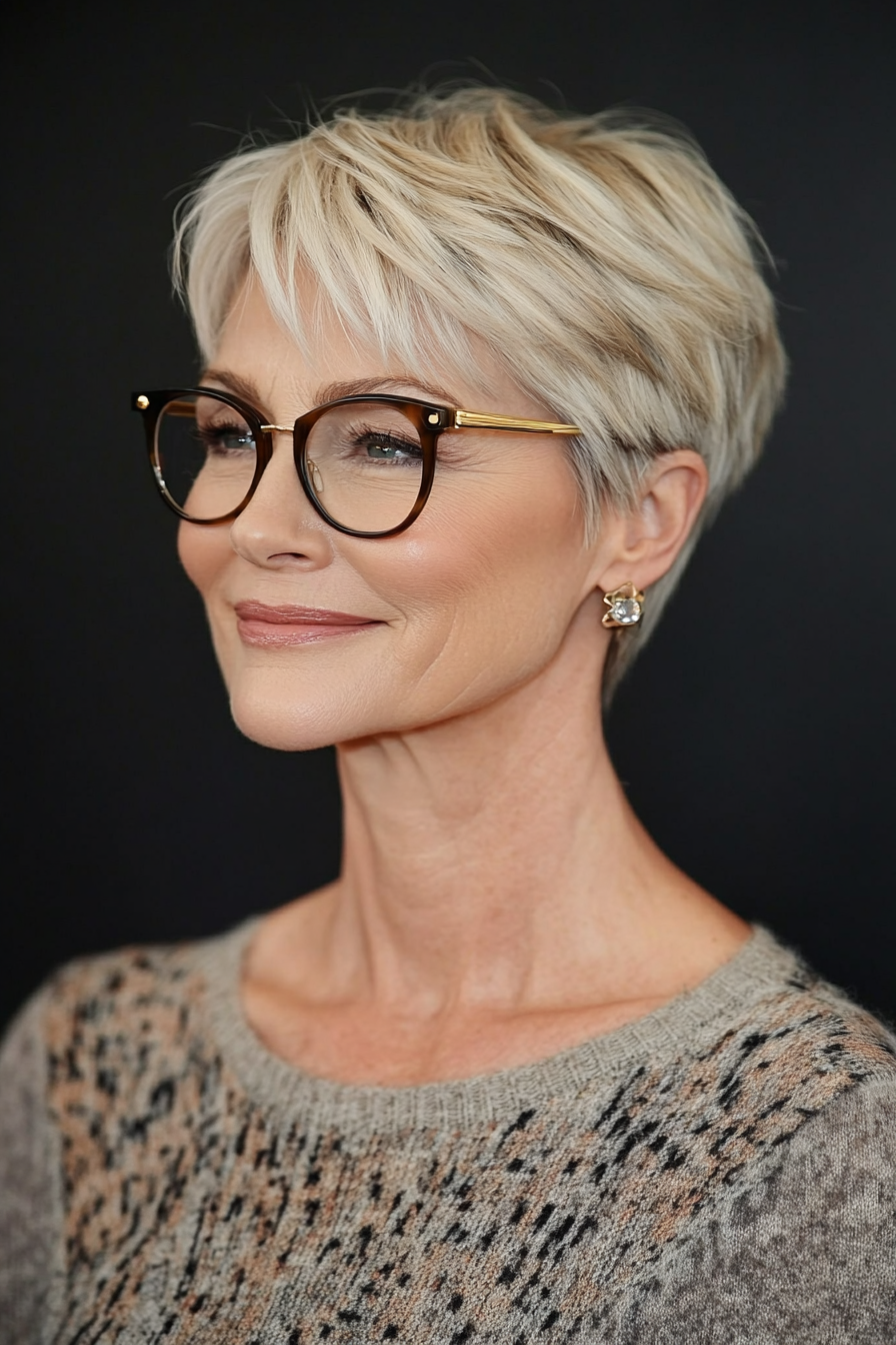 7. Classic Blonde Pixie for Fine Hair with Glasses (Pixie Hairstyles For Older Women) - Pixie Hairstyles For Older Women