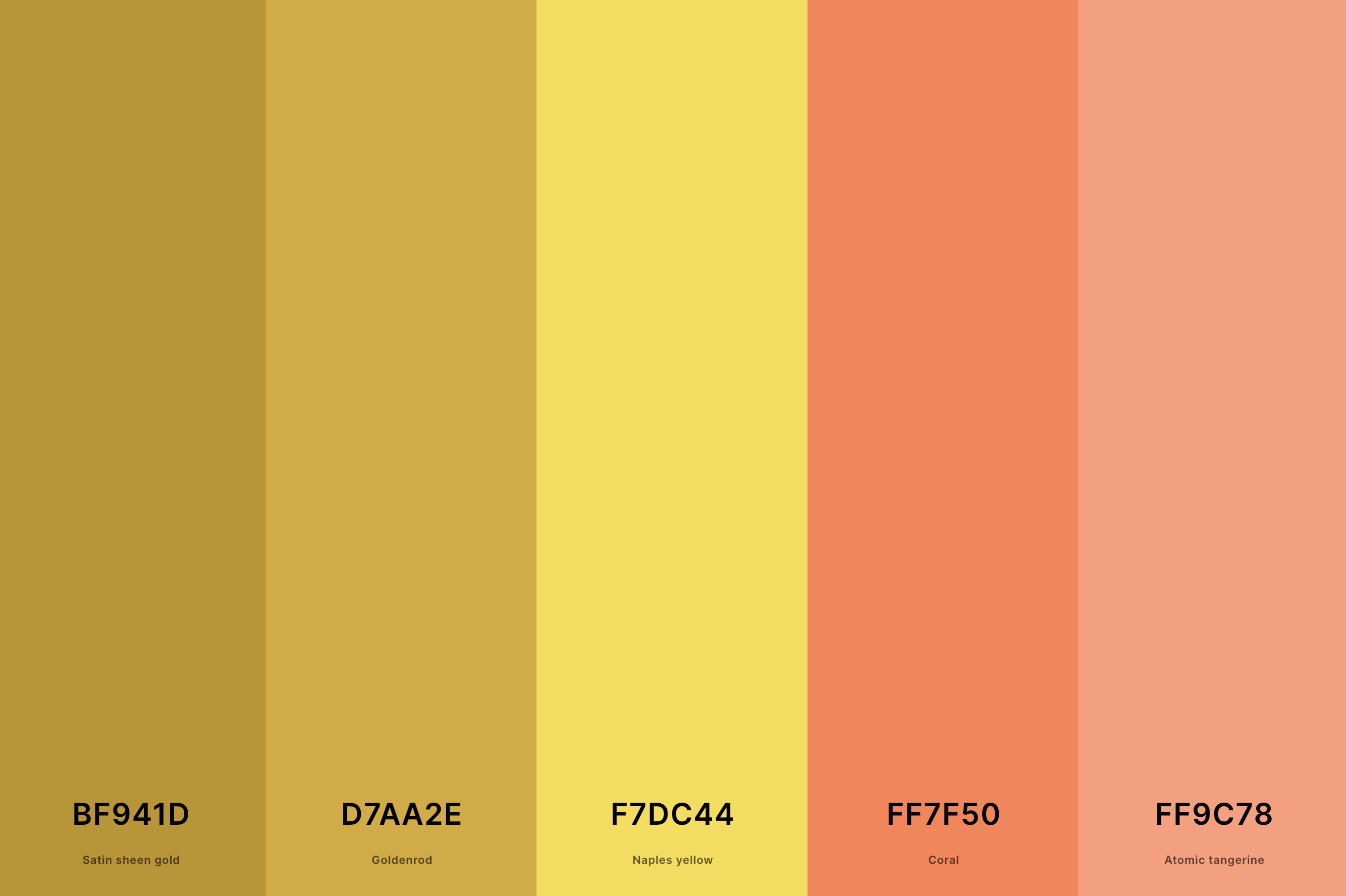 7. Coral And Gold Color Palette Color Palette with Satin Sheen Gold (Hex #BF941D) + Goldenrod (Hex #D7AA2E) + Naples Yellow (Hex #F7DC44) + Coral (Hex #FF7F50) + Atomic Tangerine (Hex #FF9C78) Color Palette with Hex Codes