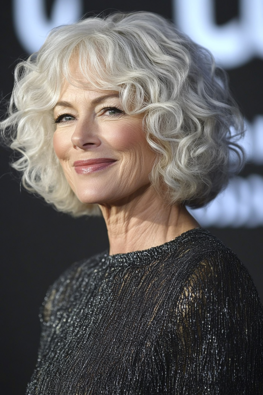 7. Curly Bob with Face-Framing Layers in Platinum Blonde (Bob Hairstyles For Older Women) - Bob Hairstyles For Older Women