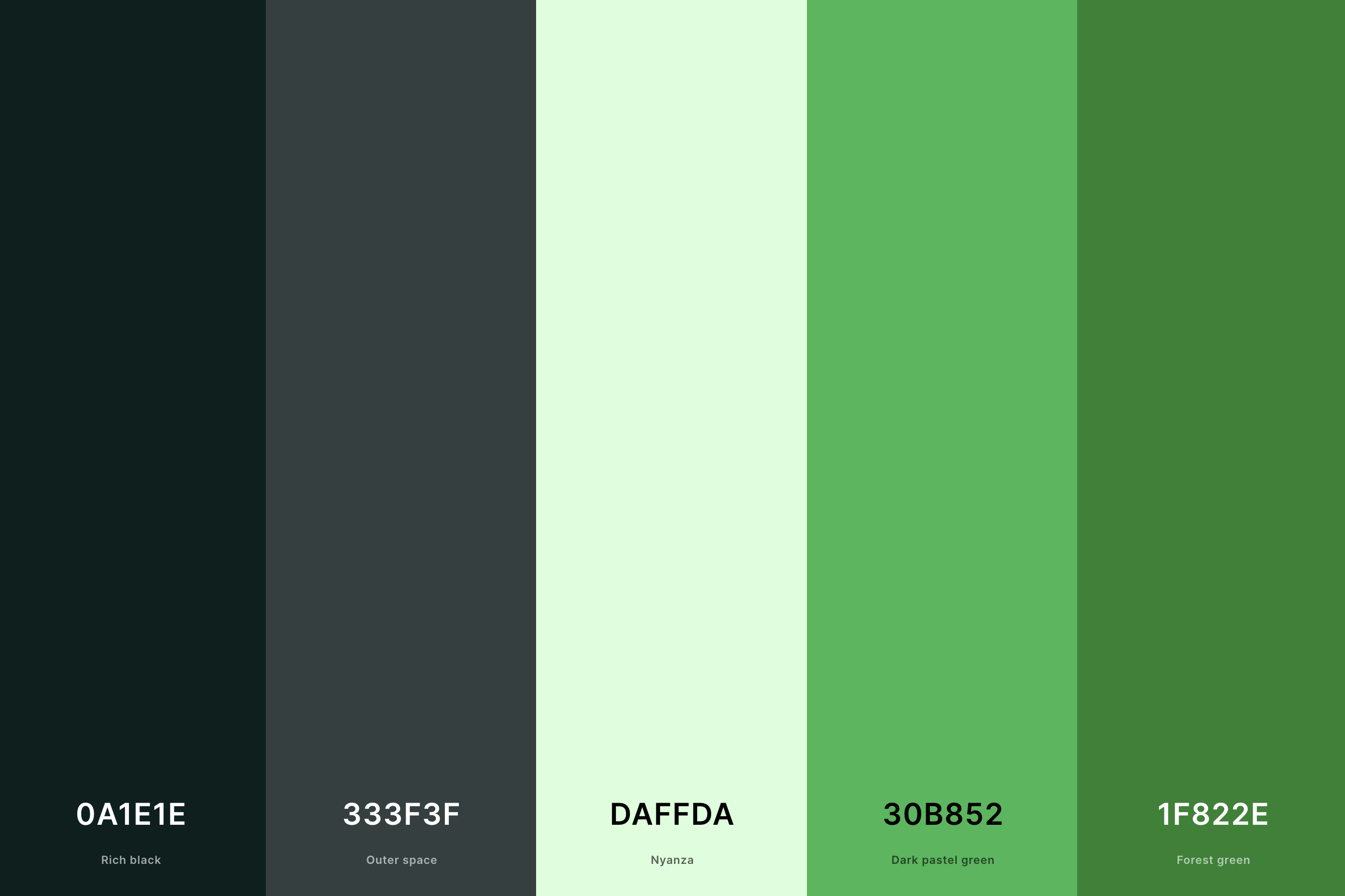 7. Green And Black Color Palette Color Palette with Rich Black (Hex #0A1E1E) + Outer Space (Hex #333F3F) + Nyanza (Hex #DAFFDA) + Dark Pastel Green (Hex #30B852) + Forest Green (Hex #1F822E) Color Palette with Hex Codes