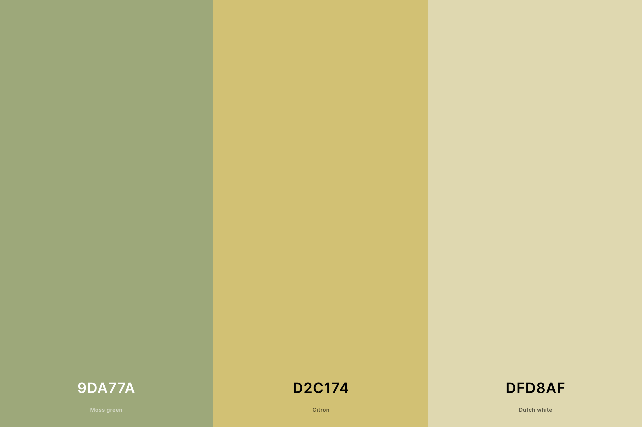 7. Green and Yellow Summer Fresh Palette Color Palette with Moss Green (Hex #9DA77A) + Citron (Hex #D2C174) + Dutch White (Hex #DFD8AF) with Hex Codes