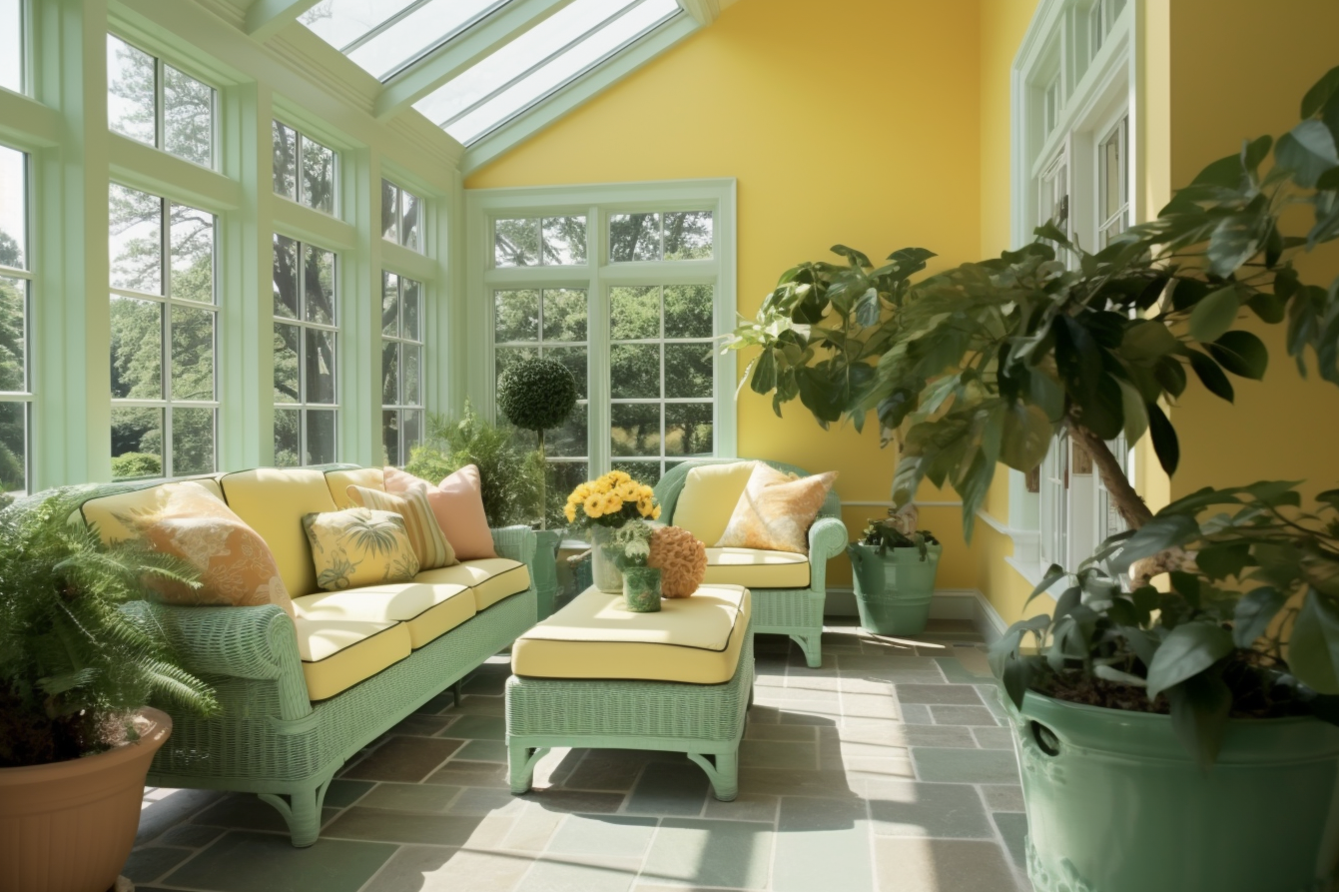 7. Green and Yellow Summer Fresh Scheme. A sunroom that feels like a sunny summer day, every day.