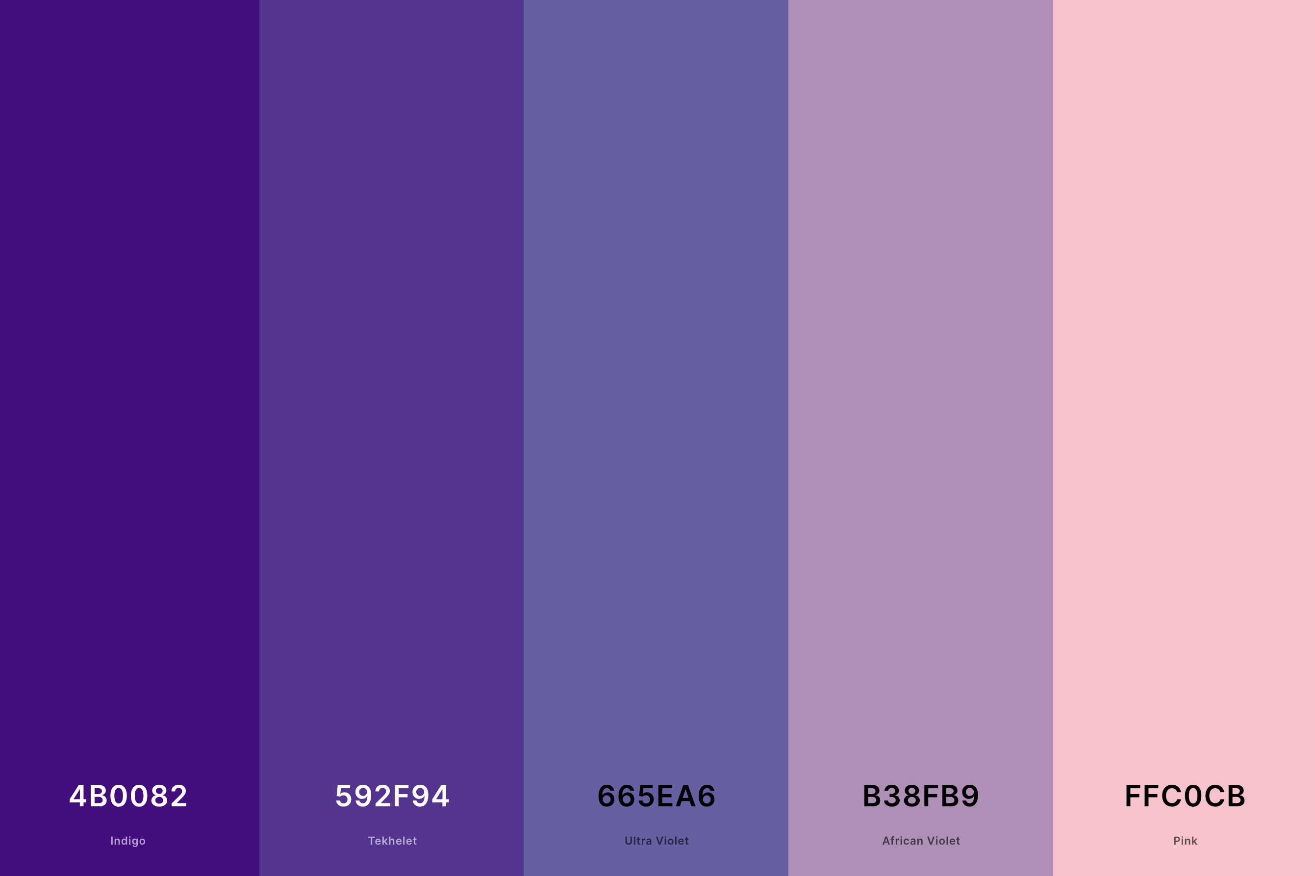 7. Indigo And Pink Color Palette Color Palette with Indigo (Hex #4B0082) + Tekhelet (Hex #592F94) + Ultra Violet (Hex #665EA6) + African Violet (Hex #B38FB9) + Pink (Hex #FFC0CB) Color Palette with Hex Codes