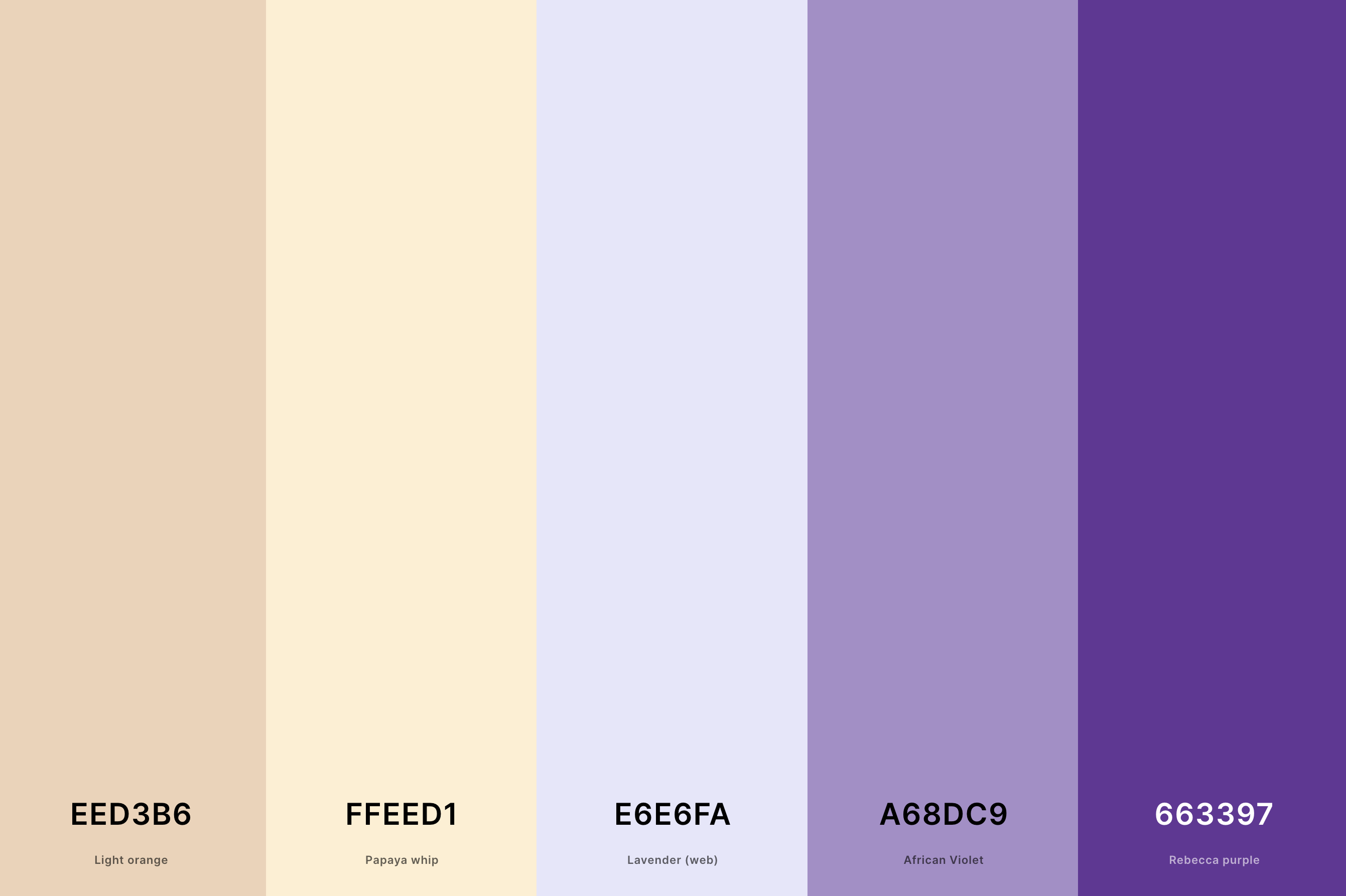 7. Lavender And Cream Color Palette Color Palette with Light Orange (Hex #EED3B6) + Papaya Whip (Hex #FFEED1) + Lavender (Web) (Hex #E6E6FA) + African Violet (Hex #A68DC9) + Rebecca Purple (Hex #663397) Color Palette with Hex Codes