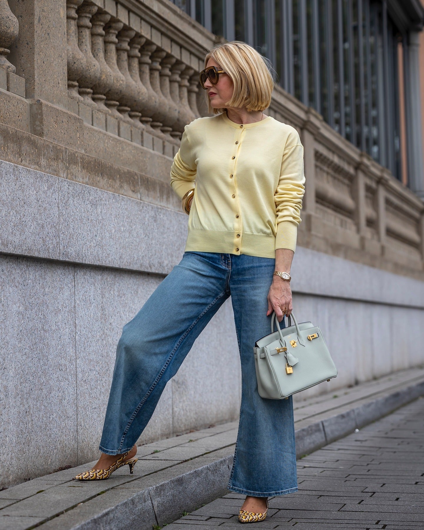 7. Lemon Yellow Cardigan & Wide-Leg Denim (Outfits with Jeans)