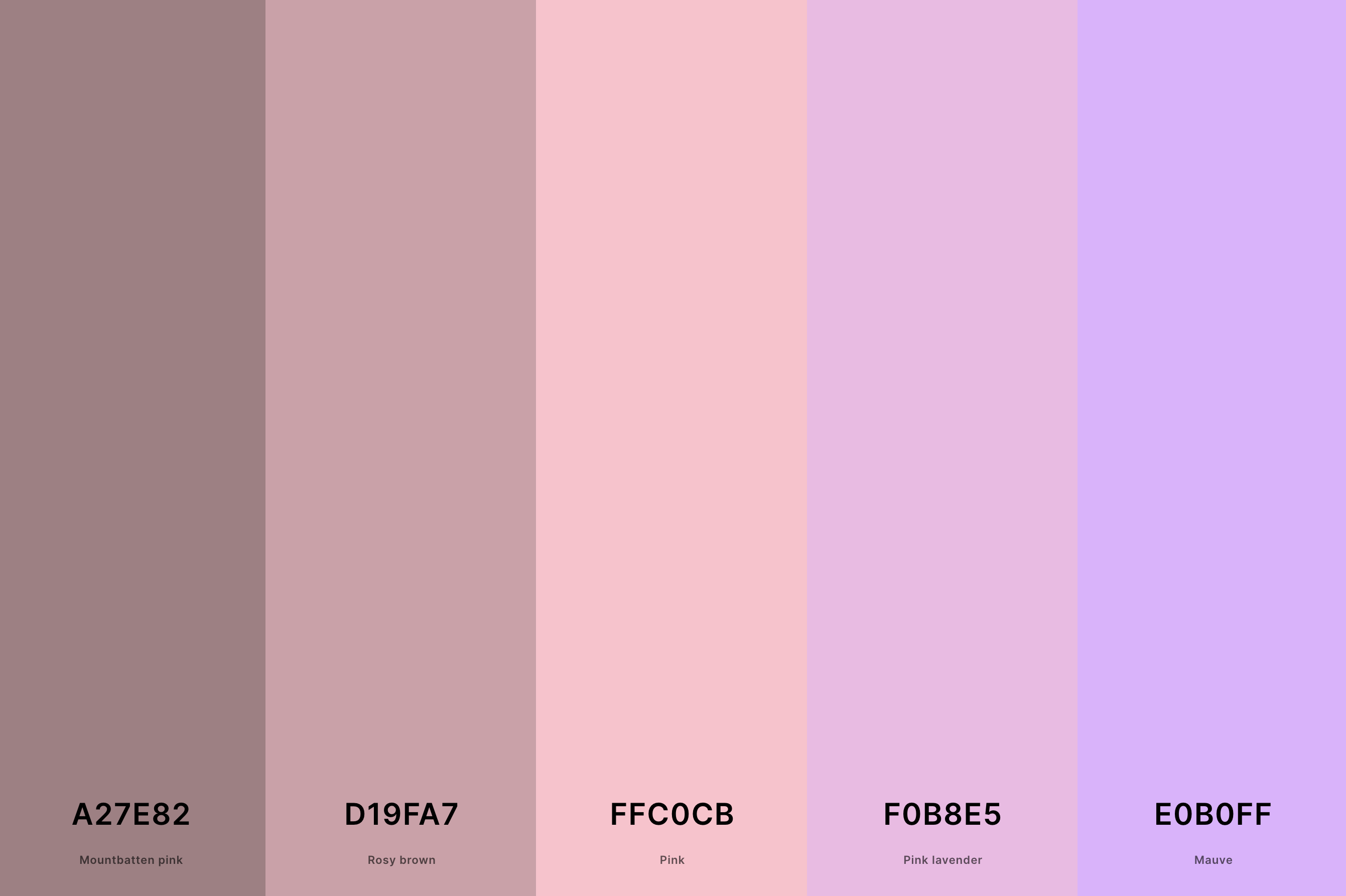 7. Mauve Pink Color Palette Color Palette with Mountbatten Pink (Hex #A27E82) + Rosy Brown (Hex #D19FA7) + Pink (Hex #FFC0CB) + Pink Lavender (Hex #F0B8E5) + Mauve (Hex #E0B0FF) Color Palette with Hex Codes