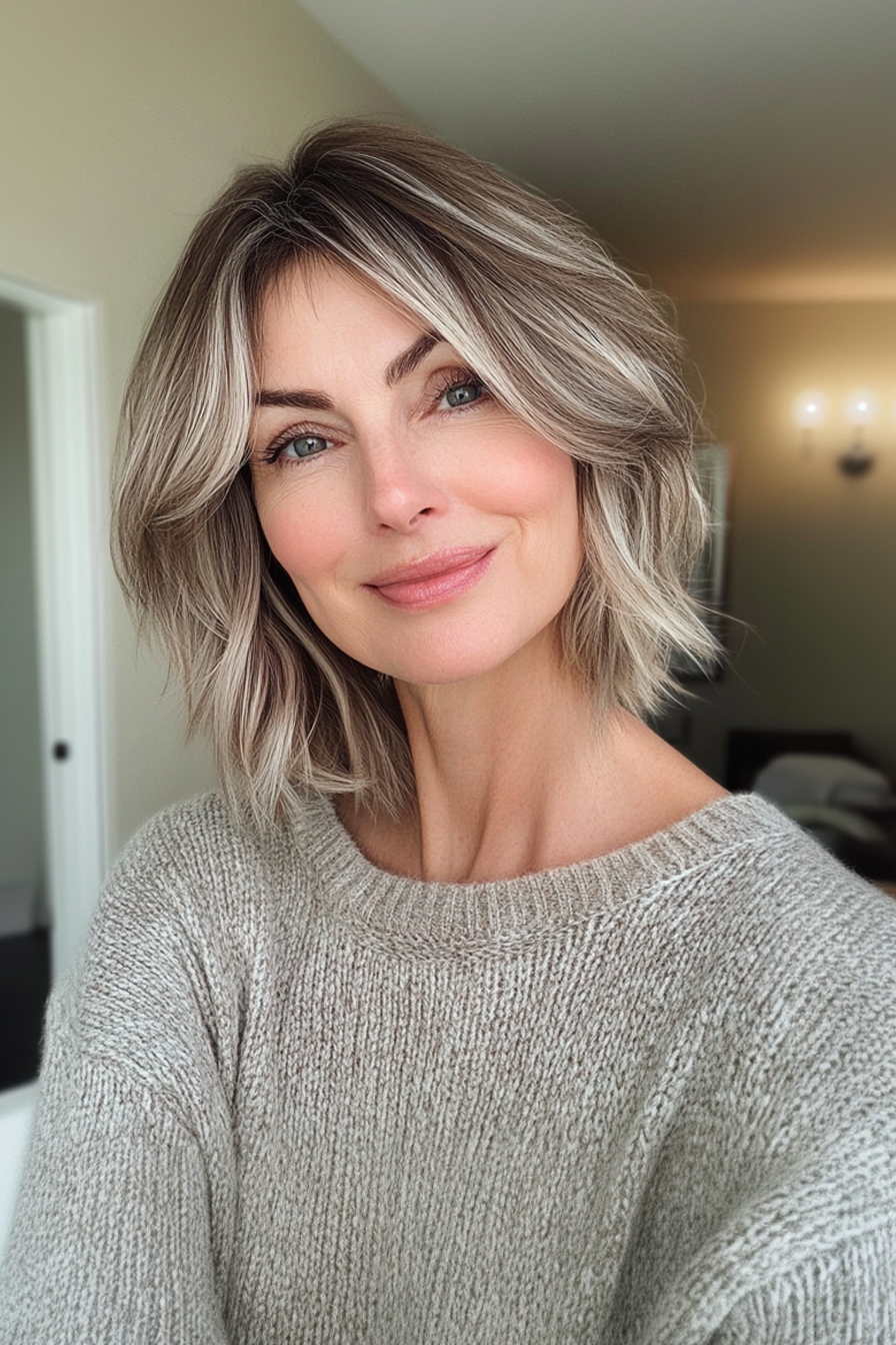 7. Modern Choppy Lob with Platinum Highlights (Medium Length Hairstyles For Older Women) - Medium Length Hairstyles For Older Women