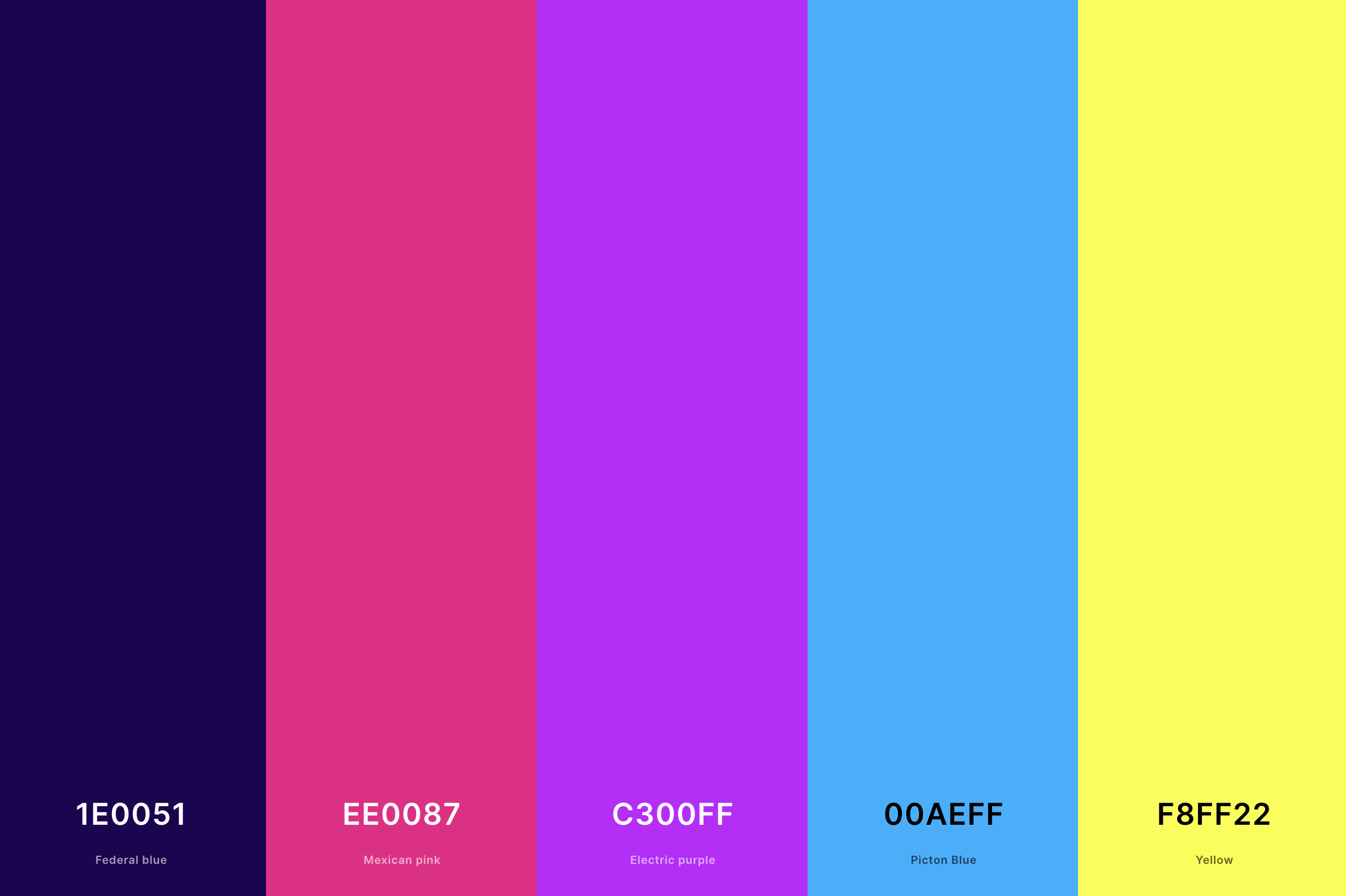 7. Neon Retro Color Palette Color Palette with Federal Blue (Hex #1E0051) + Mexican Pink (Hex #EE0087) + Electric Purple (Hex #C300FF) + Picton Blue (Hex #00AEFF) + Yellow (Hex #F8FF22) Color Palette with Hex Codes