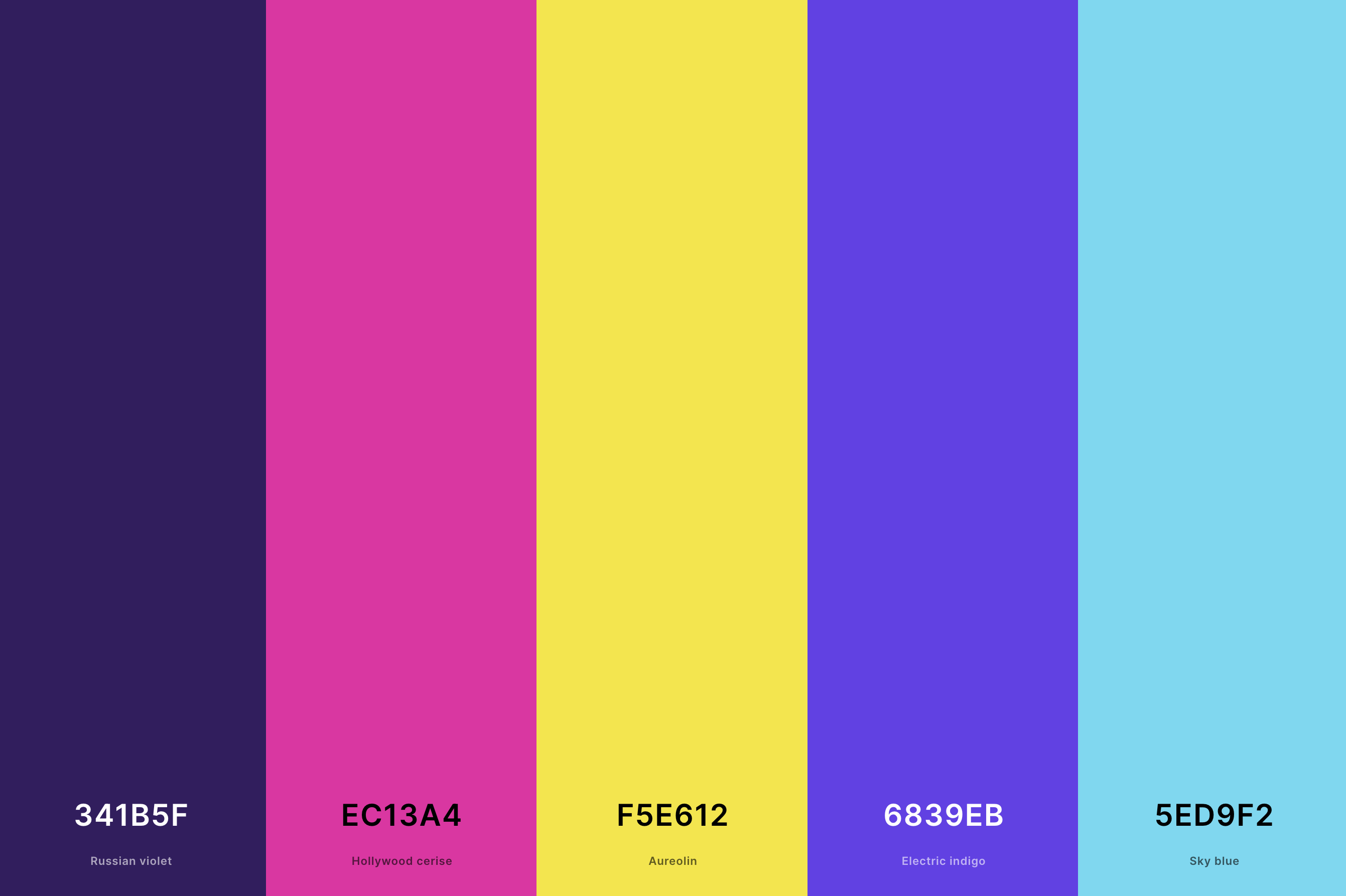 7. Neon Retro Color Palette Color Palette with Russian Violet (Hex #341B5F) + Hollywood Cerise (Hex #EC13A4) + Aureolin (Hex #F5E612) + Electric Indigo (Hex #6839EB) + Sky Blue (Hex #5ED9F2) Color Palette with Hex Codes