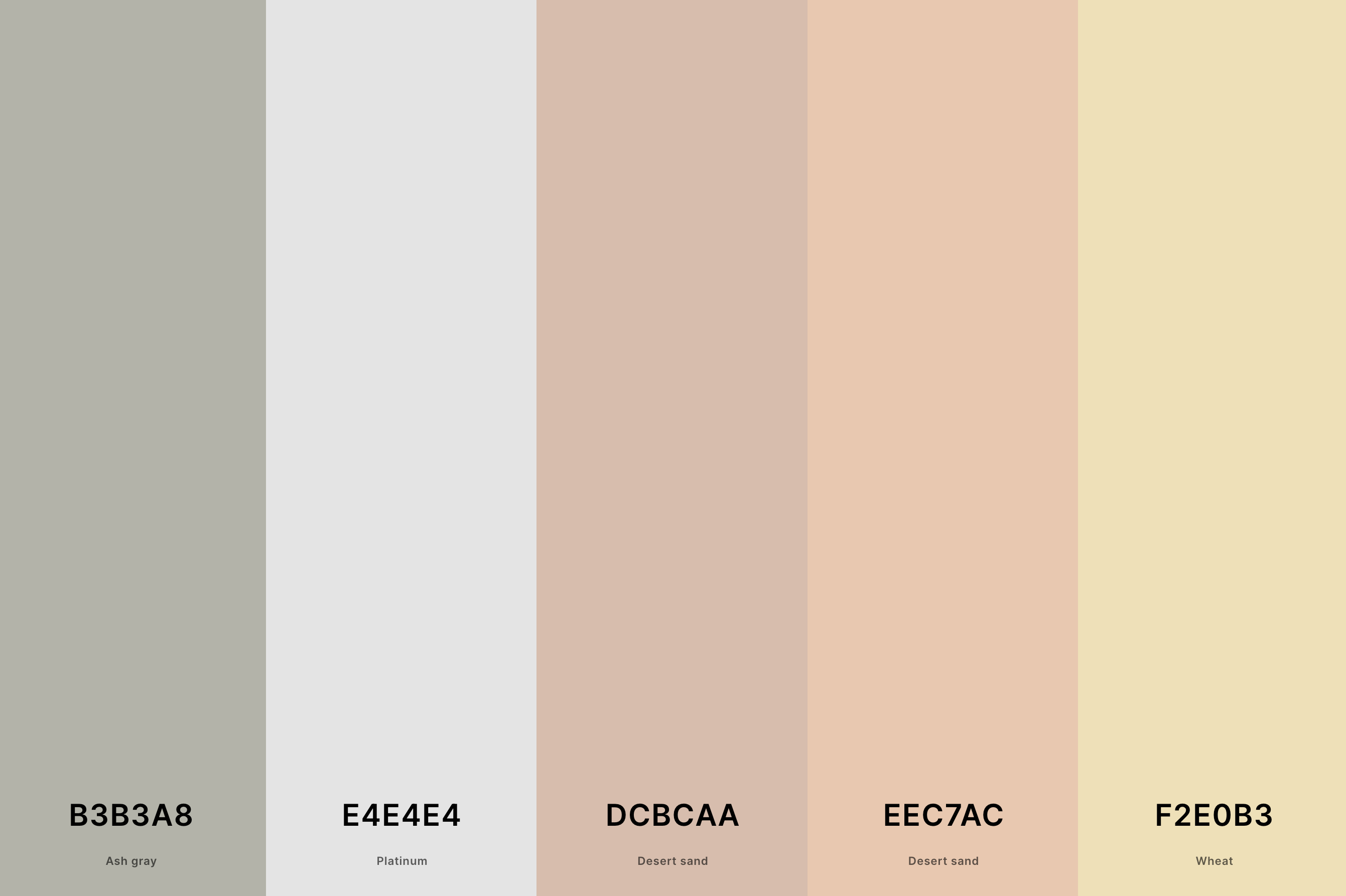 7. Neutral Pastel Color Palette Color Palette with Ash Gray (Hex #B3B3A8) + Platinum (Hex #E4E4E4) + Desert Sand (Hex #D1B2A1) + Desert Sand (Hex #EEC7AC) + Wheat (Hex #F2E0B3) Color Palette with Hex Codes