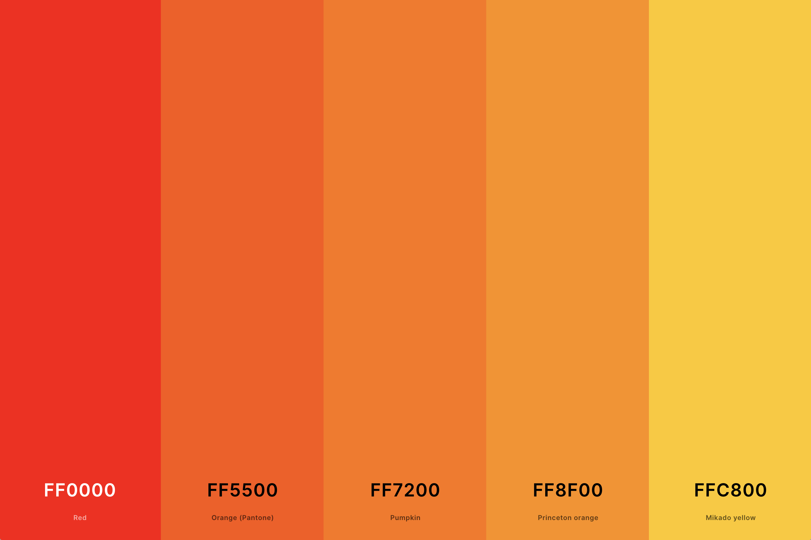 7. Orange And Red Color Palette Color Palette with Red (Hex #FF0000) + Orange (Pantone) (Hex #FF5500) + Pumpkin (Hex #FF7200) + Princeton Orange (Hex #FF8F00) + Mikado Yellow (Hex #FFC800) Color Palette with Hex Codes