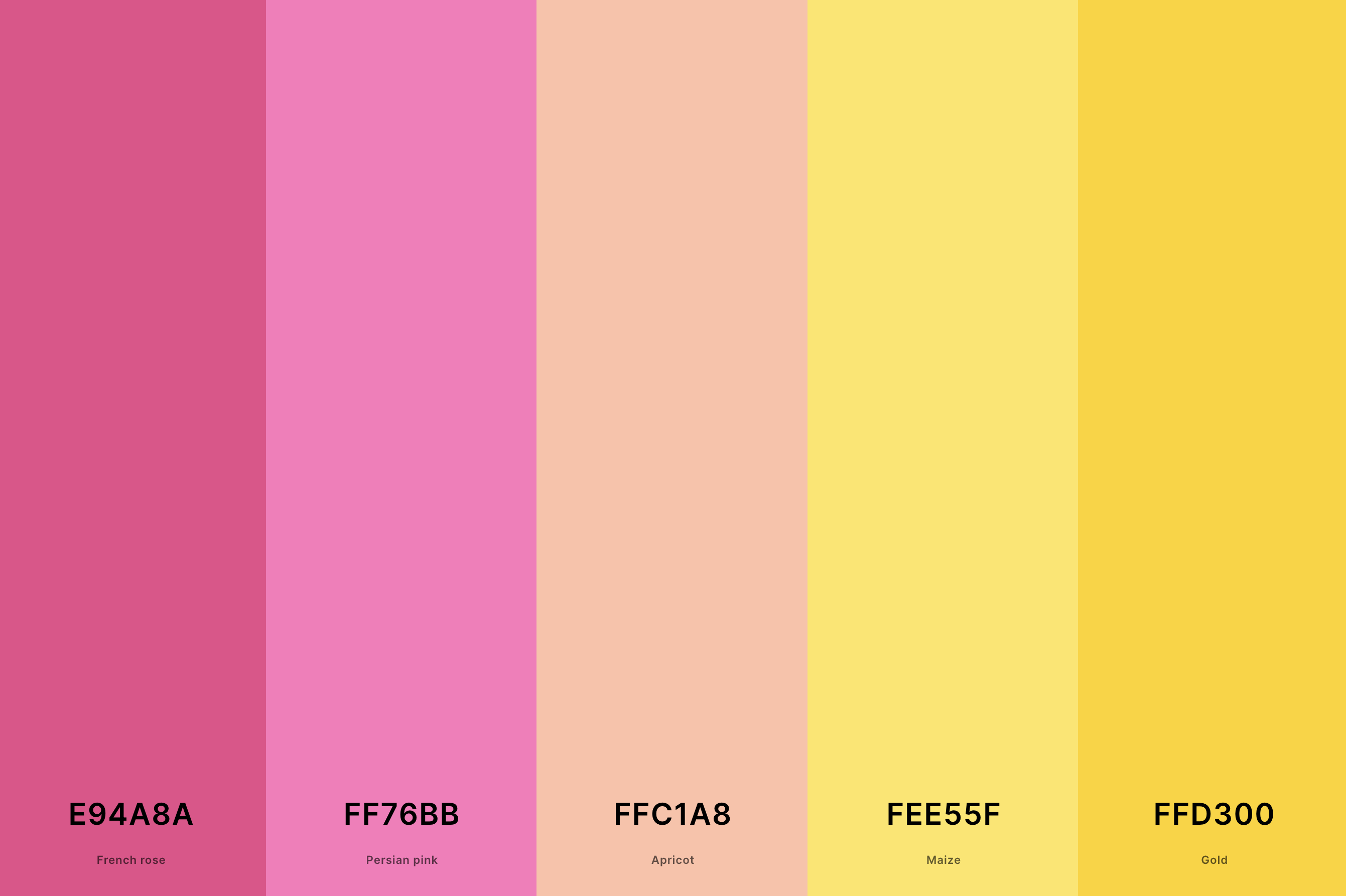 7. Pink And Yellow Color Palette Color Palette with French Rose (Hex #E94A8A) + Persian Pink (Hex #FF76BB) + Apricot (Hex #FFC1A8) + Maize (Hex #FEE55F) + Gold (Hex #FFD300) Color Palette with Hex Codes