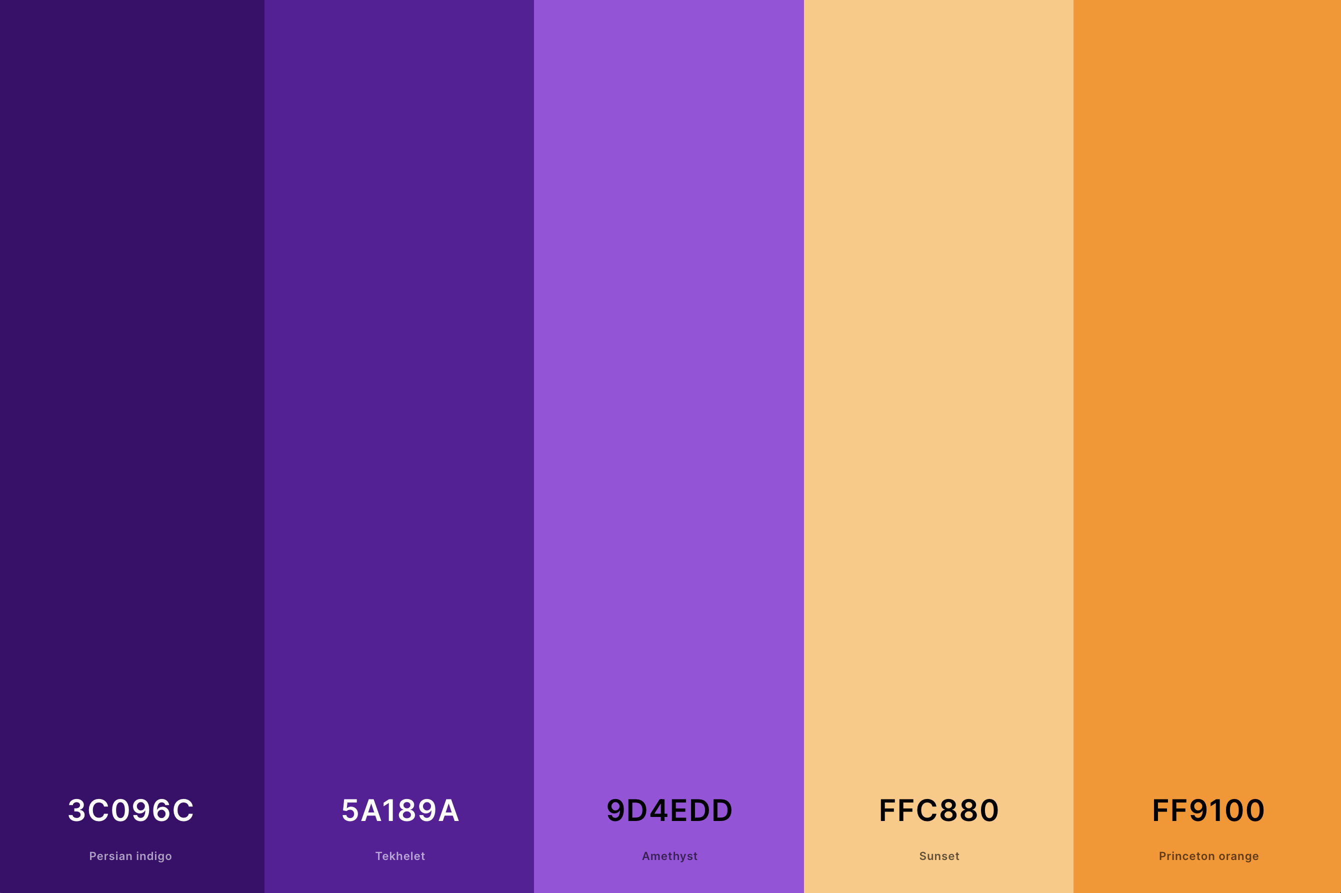 7. Purple And Orange Color Palette Color Palette with Persian Indigo (Hex #3C096C) + Tekhelet (Hex #5A189A) + Amethyst (Hex #9D4EDD) + Sunset (Hex #FFC880) + Princeton Orange (Hex #FF9100) Color Palette with Hex Codes