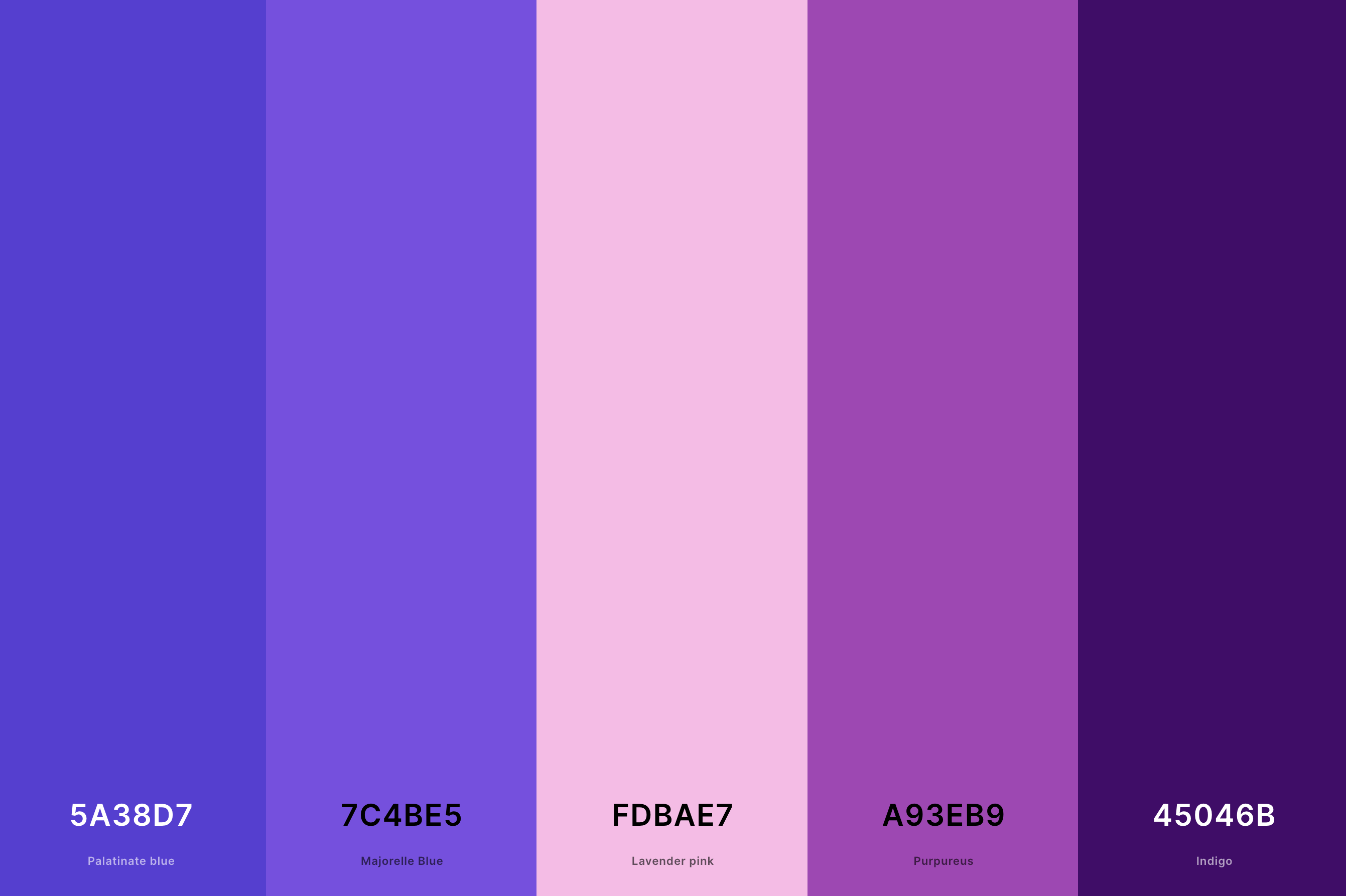 7. Purple Sunset Color Palette Color Palette with Palatinate Blue (Hex #5A38D7) + Majorelle Blue (Hex #7C4BE5) + Lavender Pink (Hex #FDBAE7) + Purpureus (Hex #A93EB9) + Indigo (Hex #45046B) Color Palette with Hex Codes