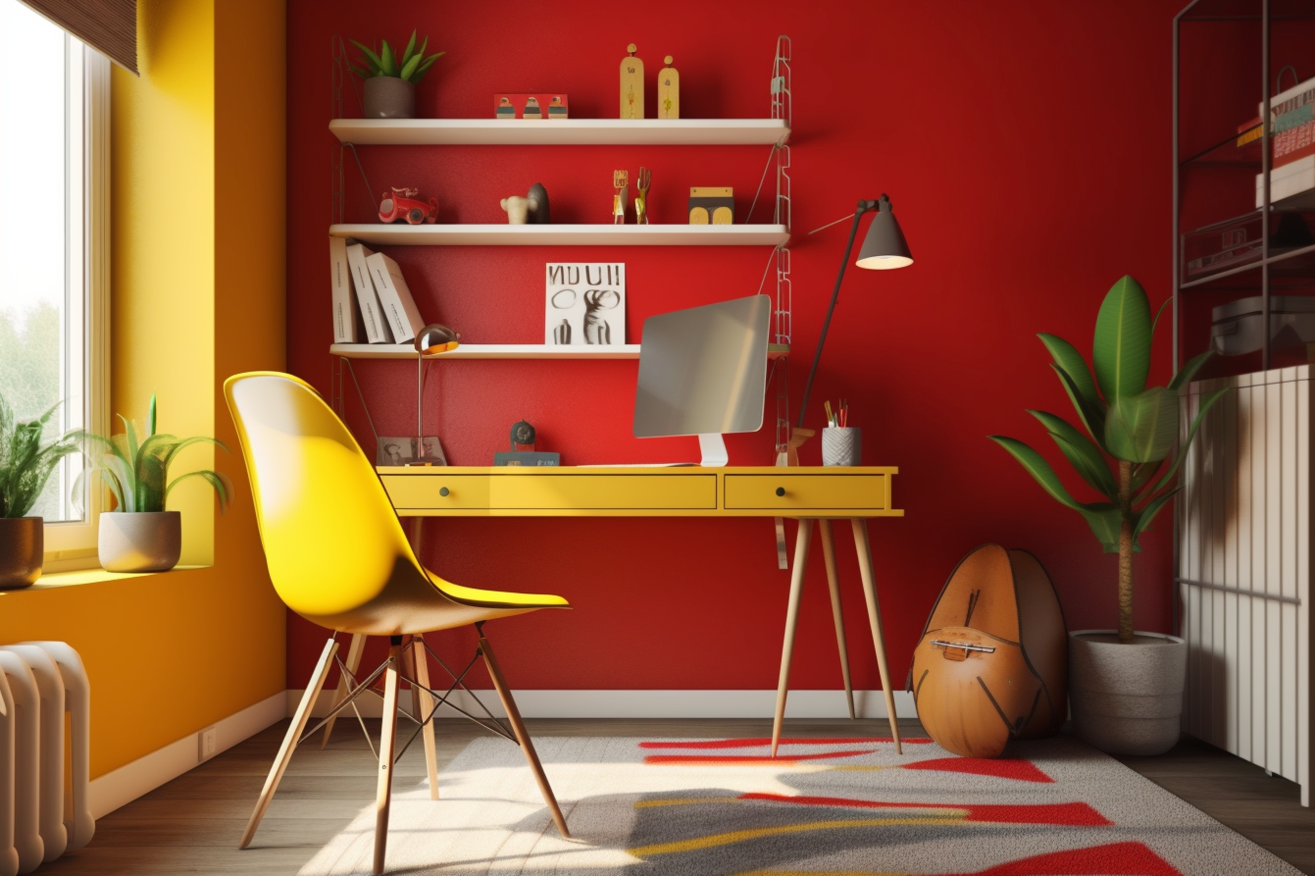 7. Red and Yellow Color Scheme - Mid-century Modern Study Room