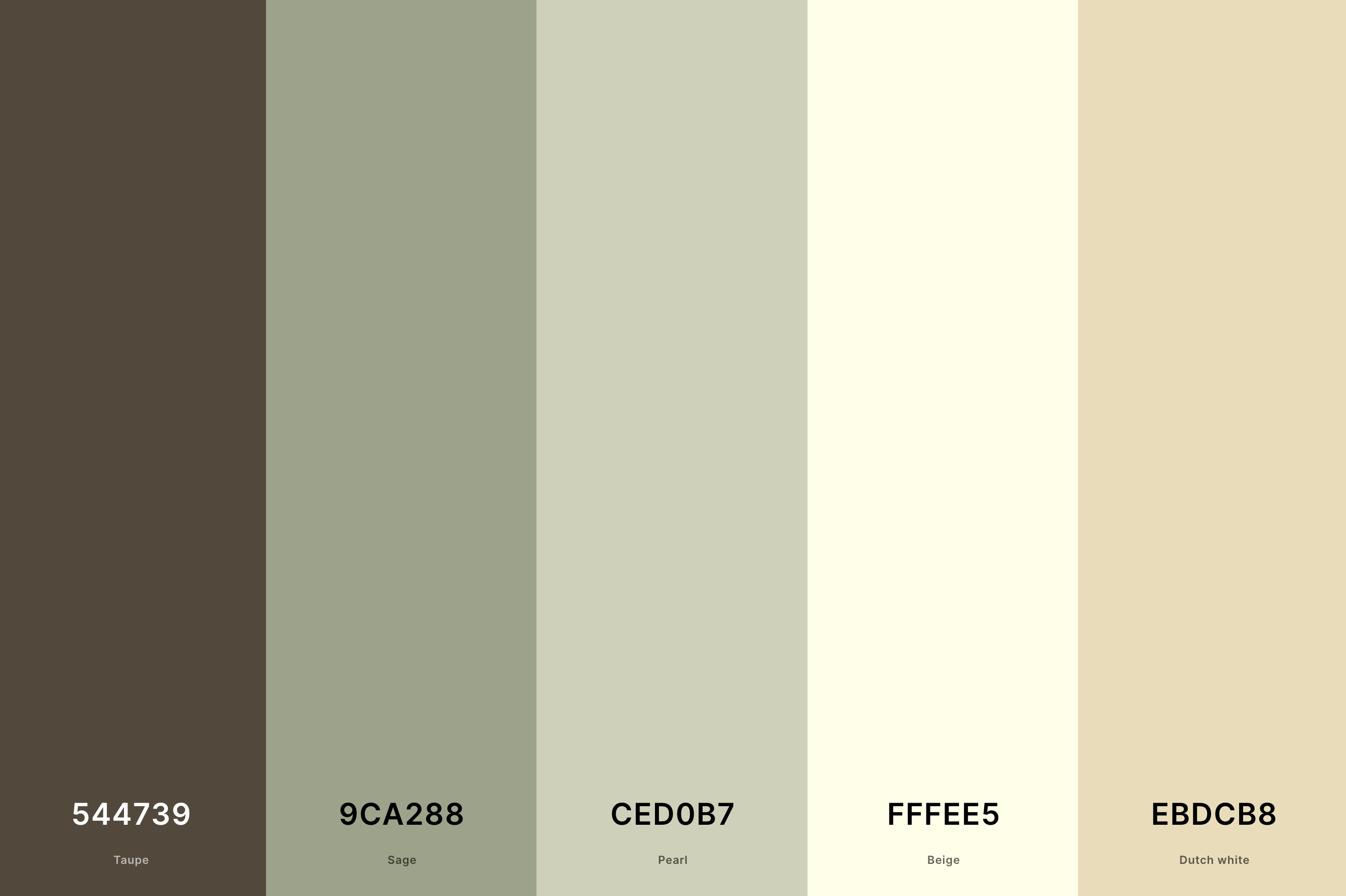 7. Sage Green And Cream Color Palette Color Palette with Taupe (Hex #544739) + Sage (Hex #9CA288) + Pearl (Hex #CED0B7) + Beige (Hex #FFFEE5) + Dutch White (Hex #EBDCB8) Color Palette with Hex Codes