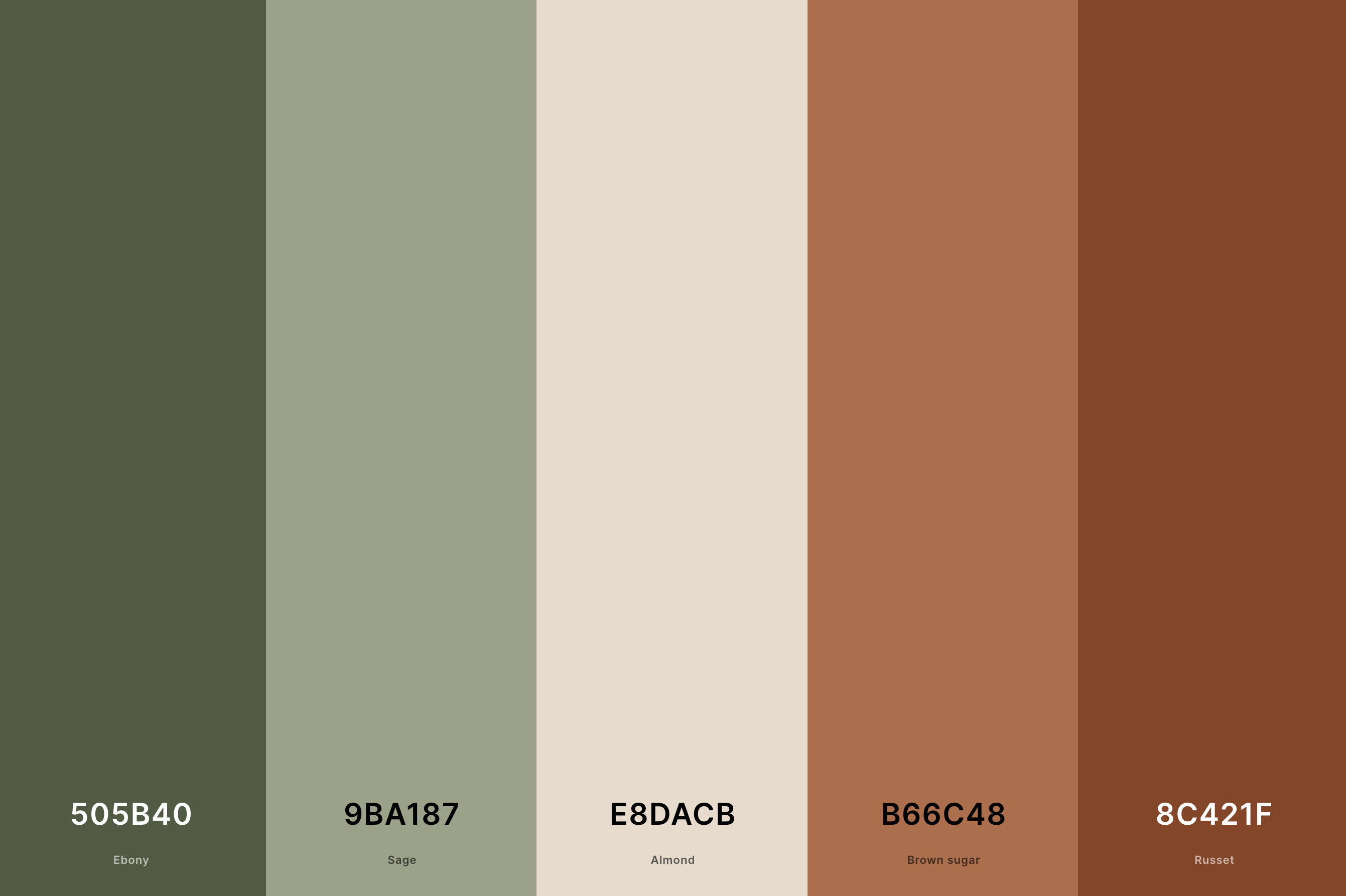 7. Terracotta And Sage Green Color Palette Color Palette with Ebony (Hex #505B40) + Sage (Hex #9BA187) + Almond (Hex #E8DACB) + Brown Sugar (Hex #B66C48) + Russet (Hex #8C421F) Color Palette with Hex Codes