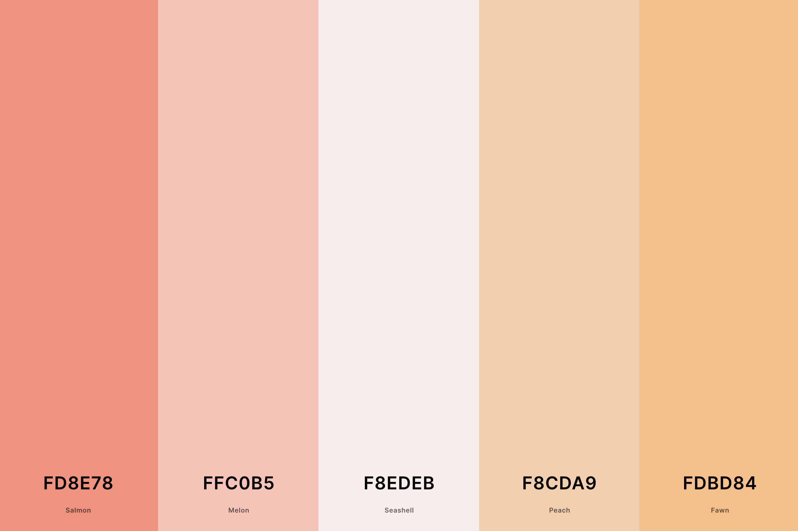 8. Aesthetic Cute Color Palette Color Palette with Salmon (Hex #FD8E78) + Melon (Hex #FFC0B5) + Seashell (Hex #F8EDEB) + Peach (Hex #F8CDA9) + Fawn (Hex #FDBD84) Color Palette with Hex Codes