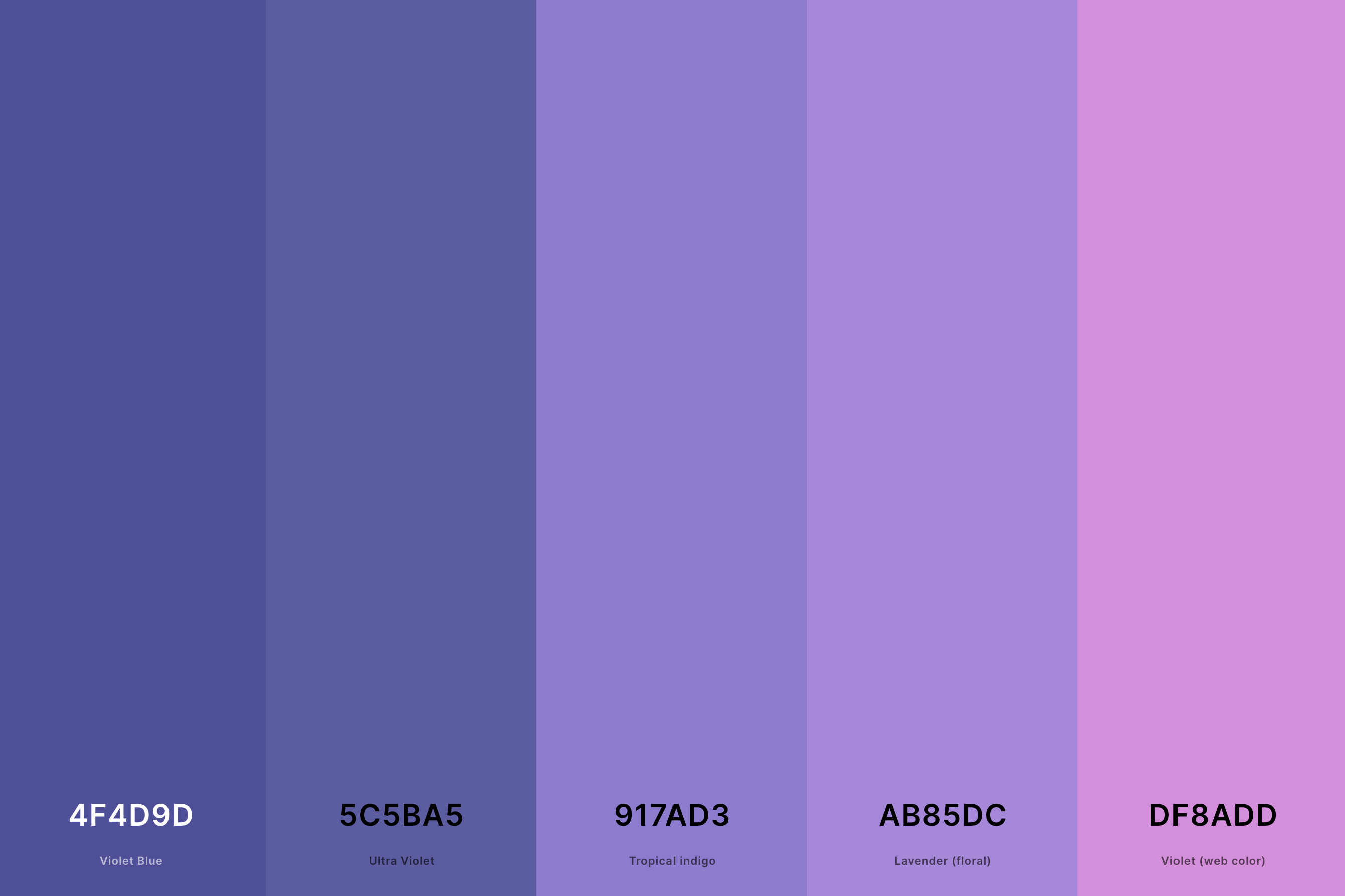 8. Beach Sunset Color Palette Color Palette with Violet Blue (Hex #4F4D9D) + Ultra Violet (Hex #5C5BA5) + Tropical Indigo (Hex #917AD3) + Lavender (Floral) (Hex #AB85DC) + Violet (Web Color) (Hex #DF8ADD) Color Palette with Hex Codes