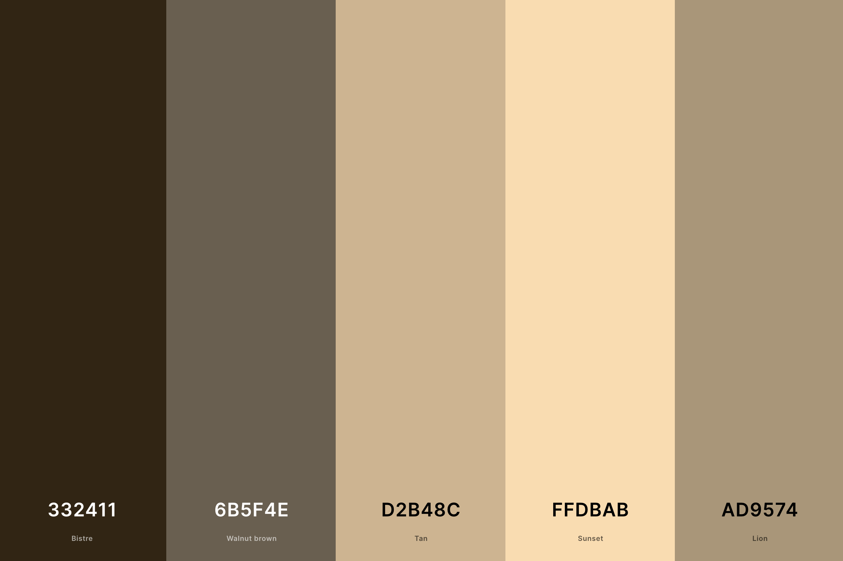 8. Brown And Tan Color Palette Color Palette with Bistre (Hex #332411) + Walnut Brown (Hex #6B5F4E) + Tan (Hex #D2B48C) + Sunset (Hex #FFDBAB) + Lion (Hex #AD9574) Color Palette with Hex Codes