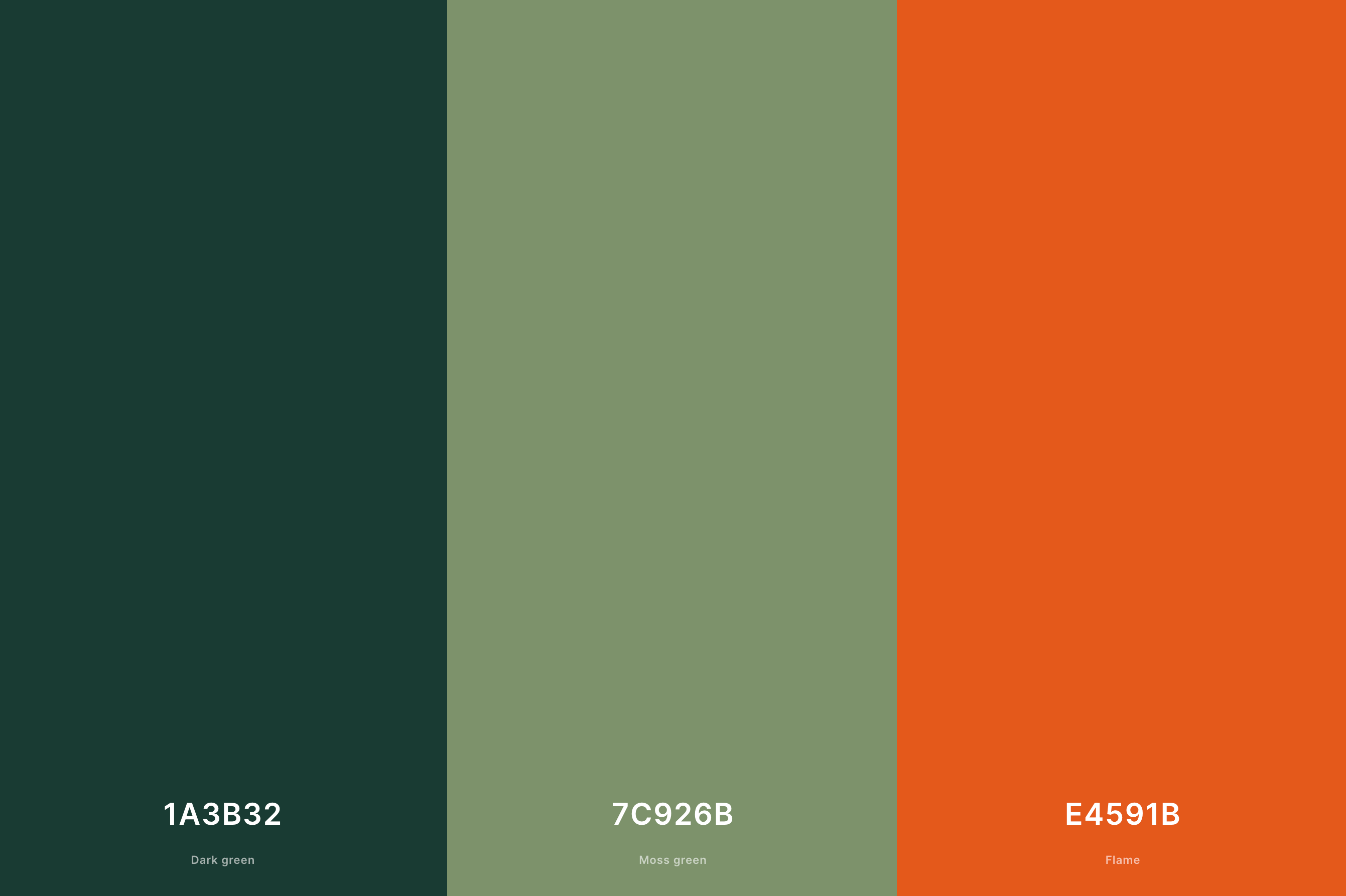 8. Green and Orange Tropical Palette Color Palette with Dark Green (Hex #1A3B32) + Moss Green (Hex #7C926B) + Flame (Hex #E4591B) with Hex Codes